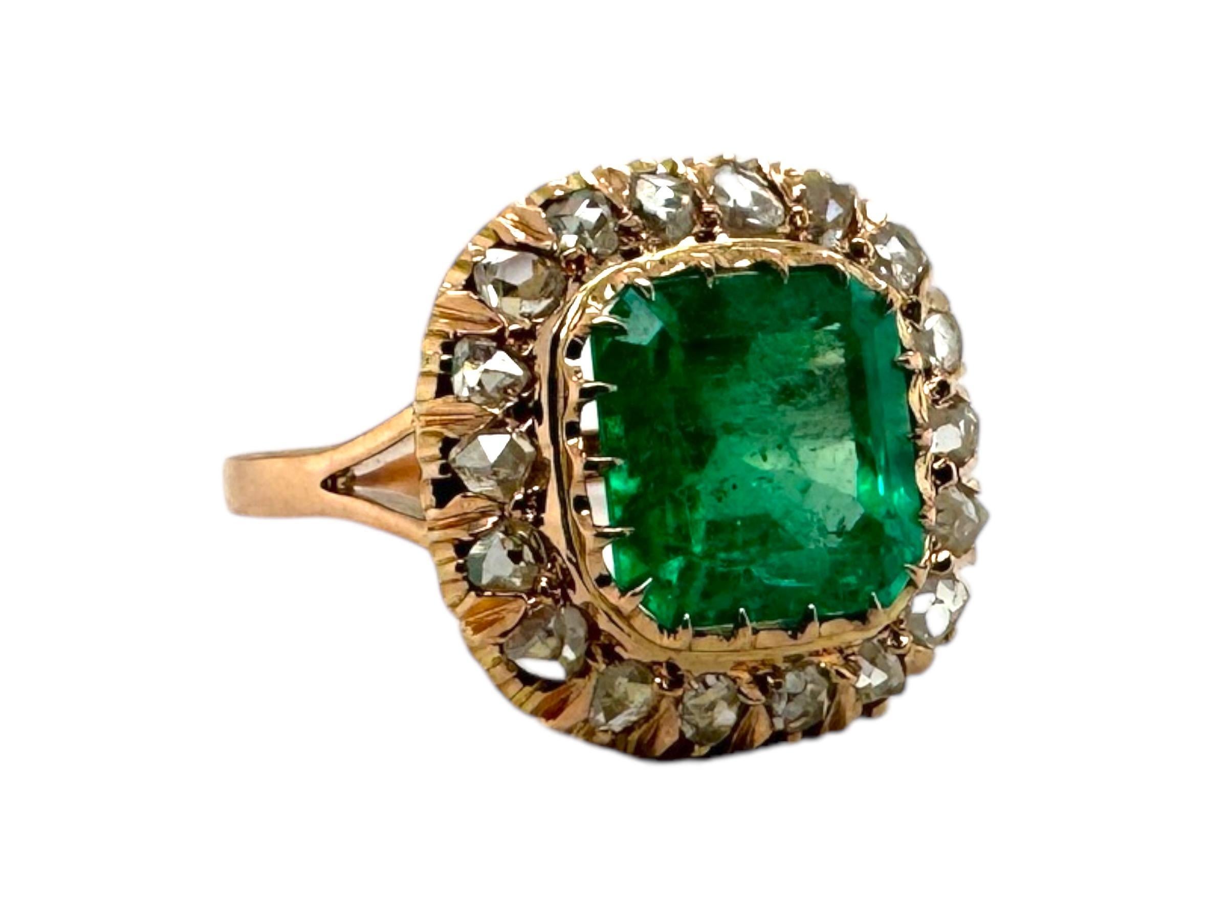 Square Cut Victorian Era Rose Gold Colombian Emerald & Rose Cut Diamond Ring GIA For Sale