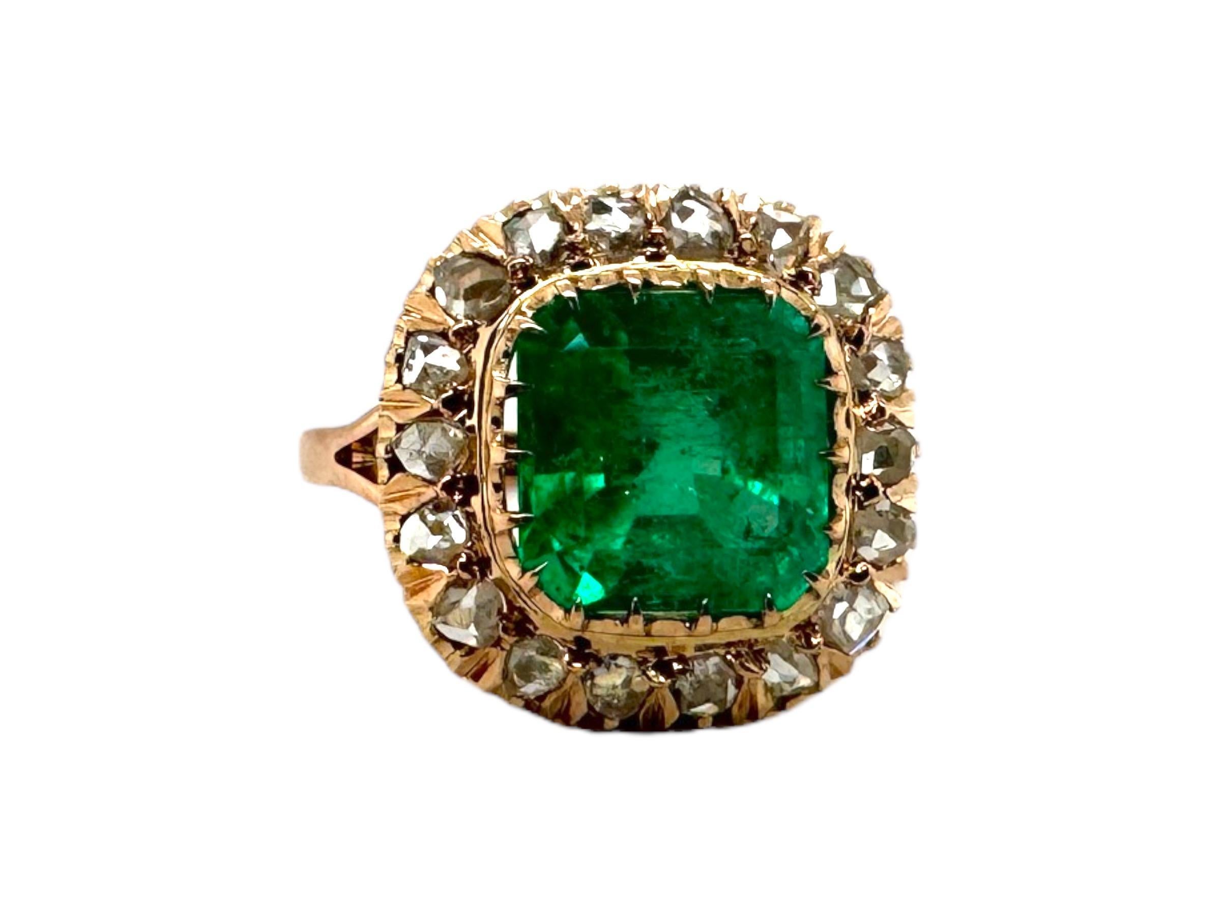 Victorian Era Rose Gold Colombian Emerald & Rose Cut Diamond Ring GIA In Excellent Condition For Sale In Montgomery, AL