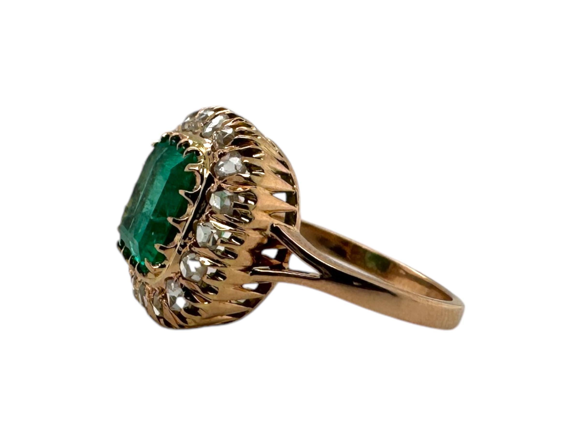 Women's Victorian Era Rose Gold Colombian Emerald & Rose Cut Diamond Ring GIA For Sale