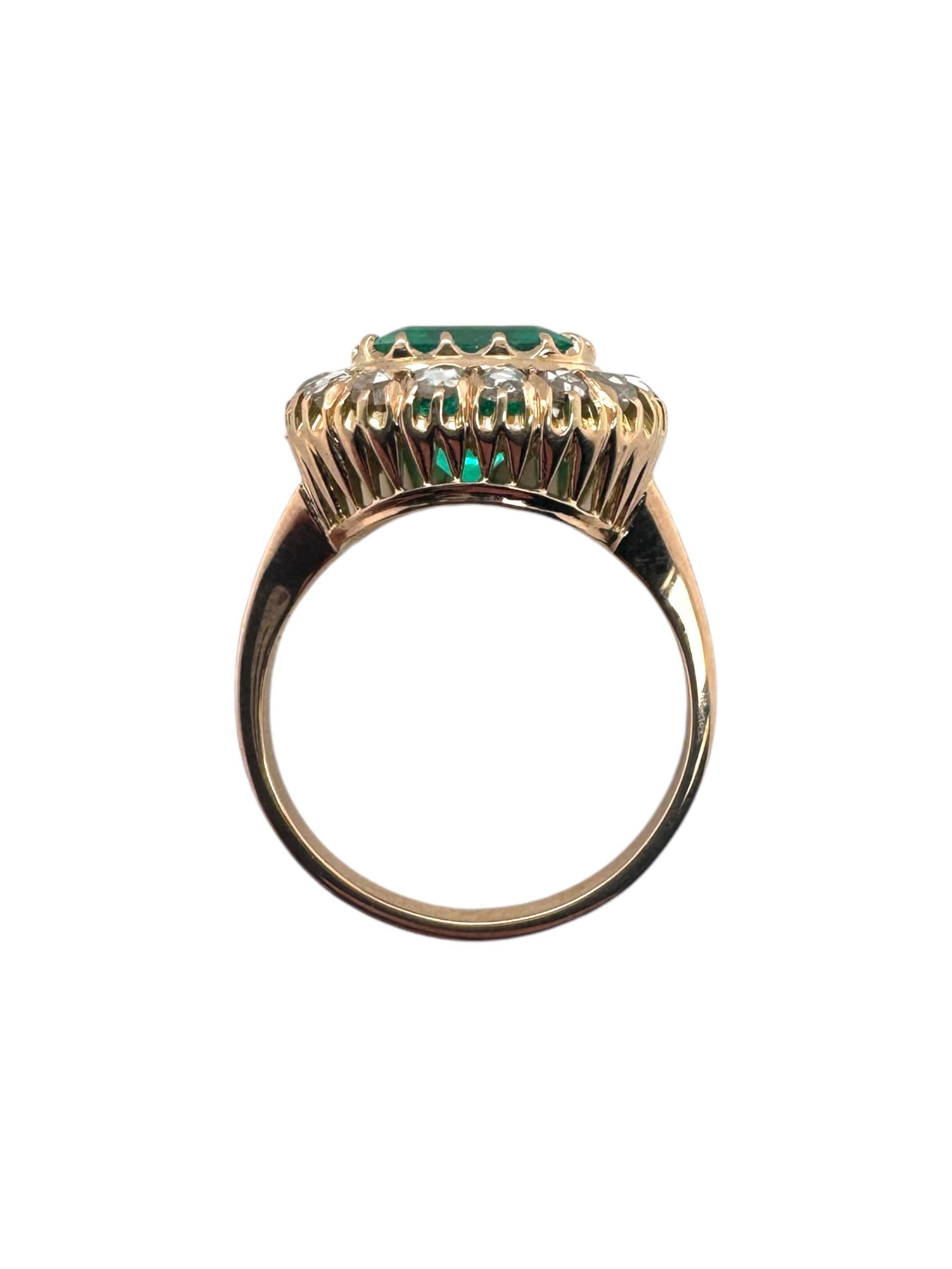 Victorian Era Rose Gold Colombian Emerald & Rose Cut Diamond Ring GIA For Sale 2