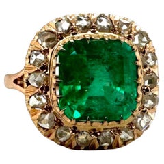 Bague de l'époque victorienne en or rose, émeraude de Colombie et diamant taille rose certifié GIA