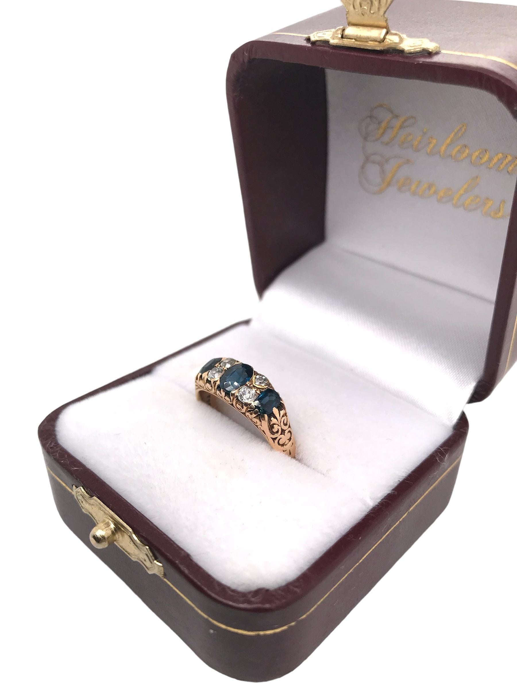 Victorian Era Sapphire & Old Mine Cut Diamond Ring 14K Rose Gold For Sale 5