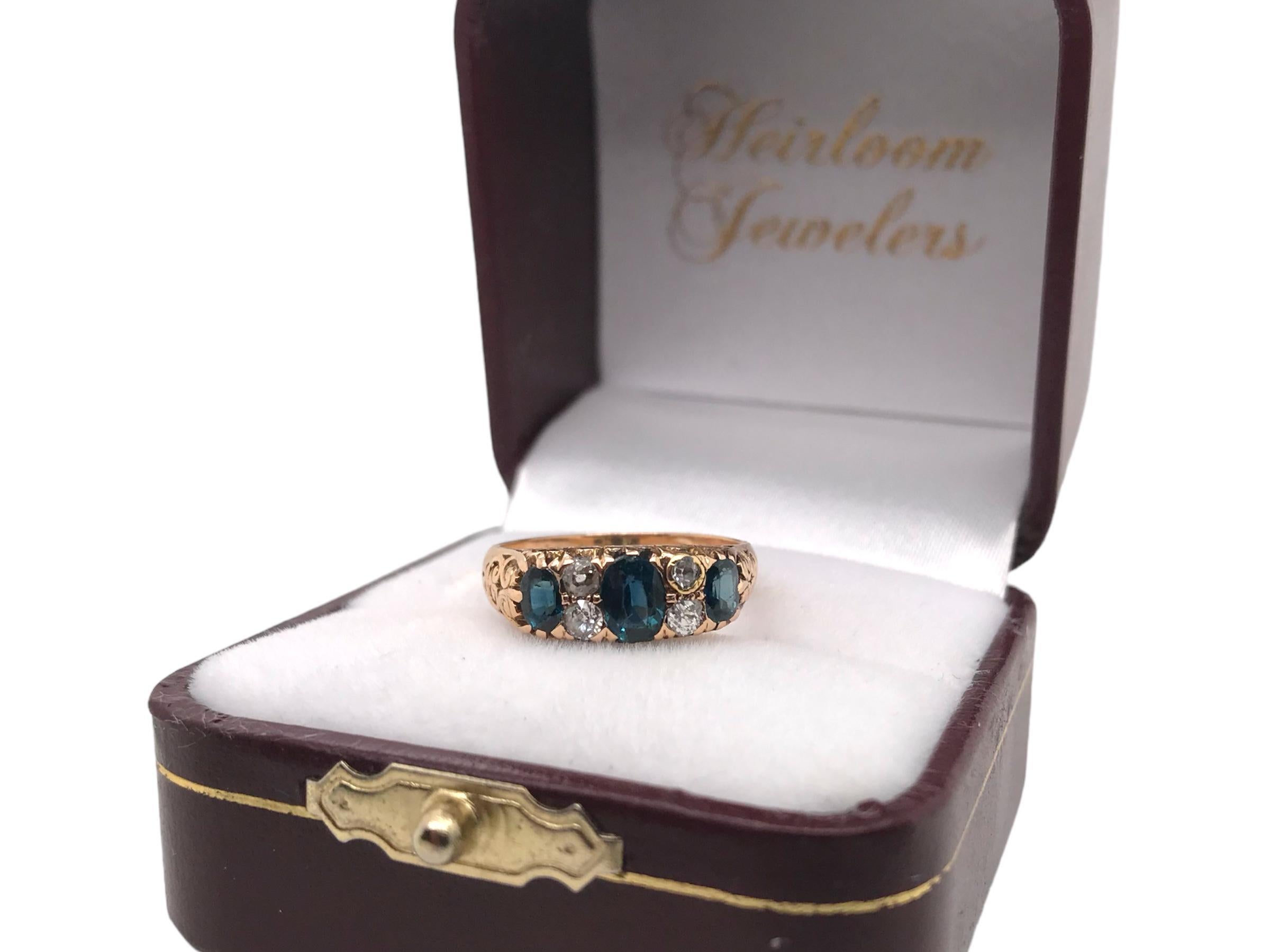Victorian Era Sapphire & Old Mine Cut Diamond Ring 14K Rose Gold For Sale 6