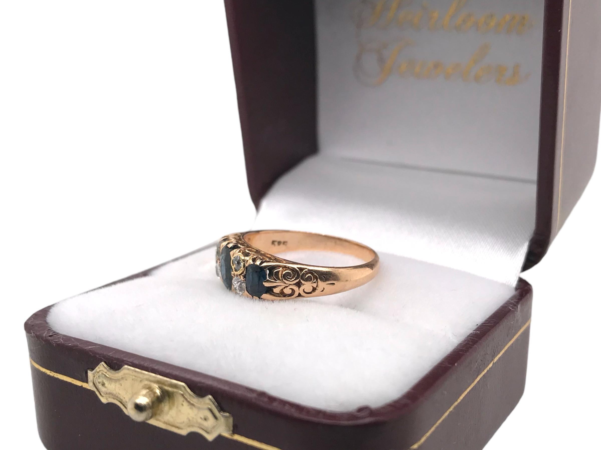 Victorian Era Sapphire & Old Mine Cut Diamond Ring 14K Rose Gold For Sale 7