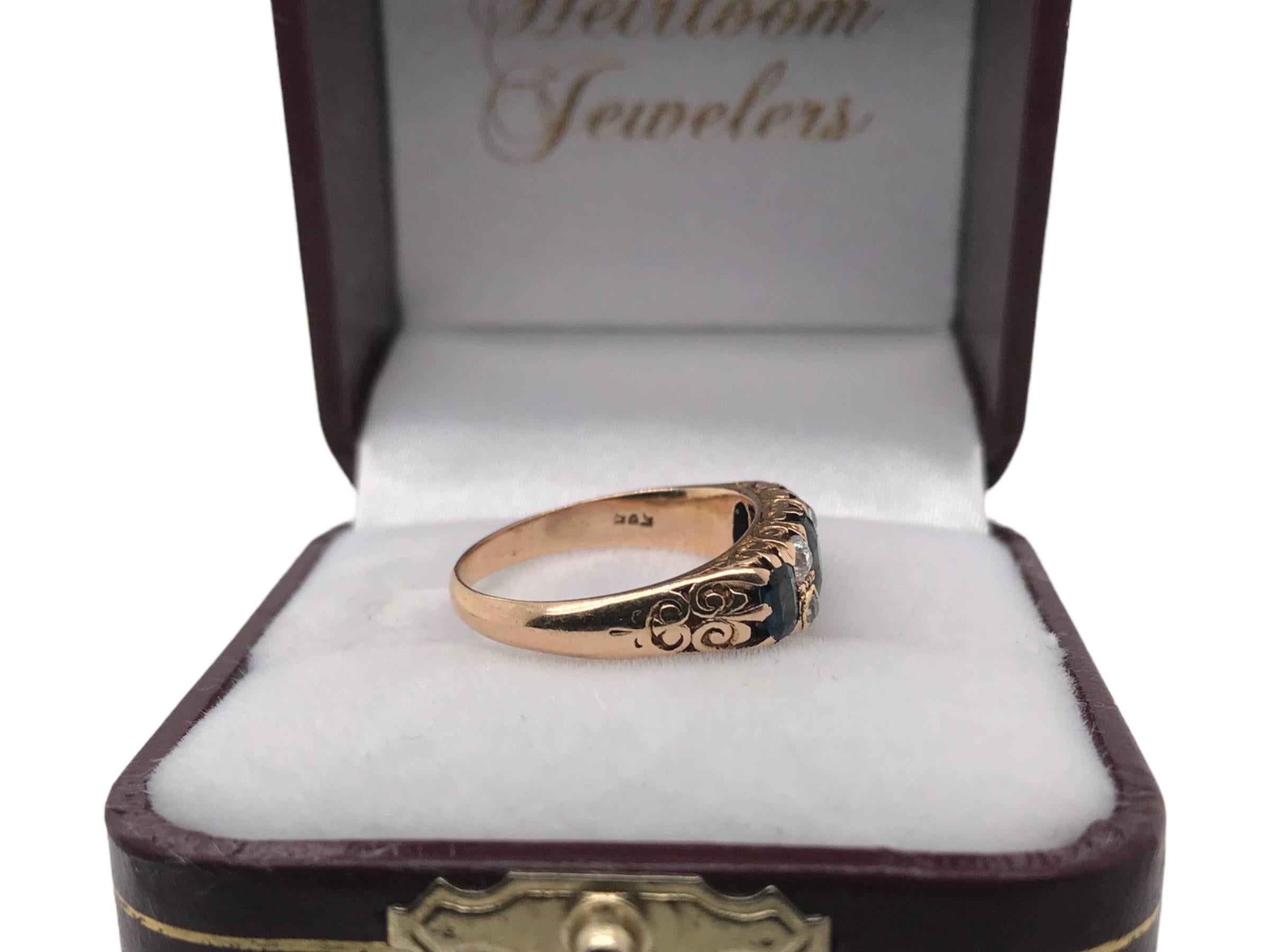 Victorian Era Sapphire & Old Mine Cut Diamond Ring 14K Rose Gold For Sale 8