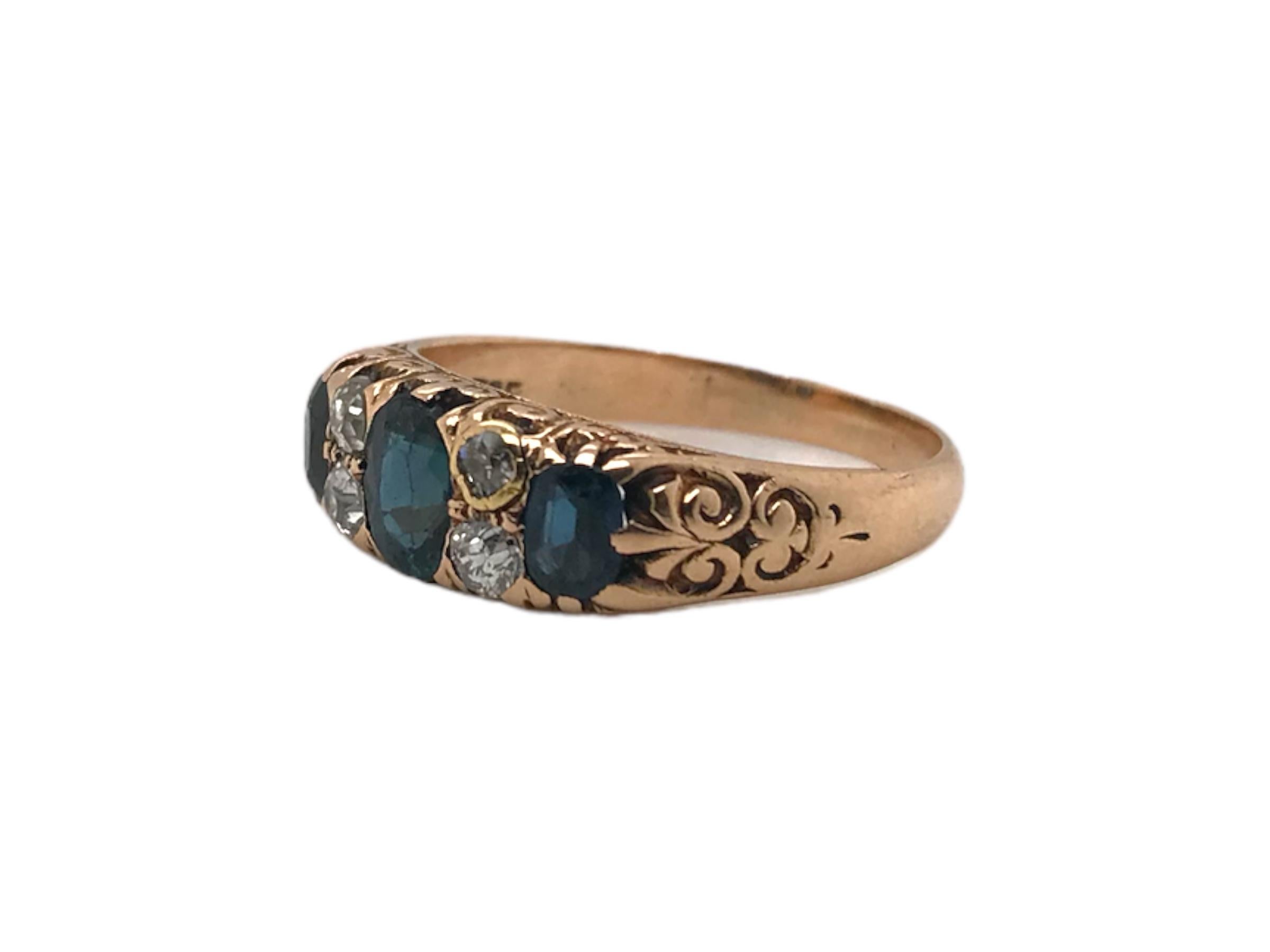 Victorian Era Sapphire & Old Mine Cut Diamond Ring 14K Rose Gold In Good Condition For Sale In Montgomery, AL
