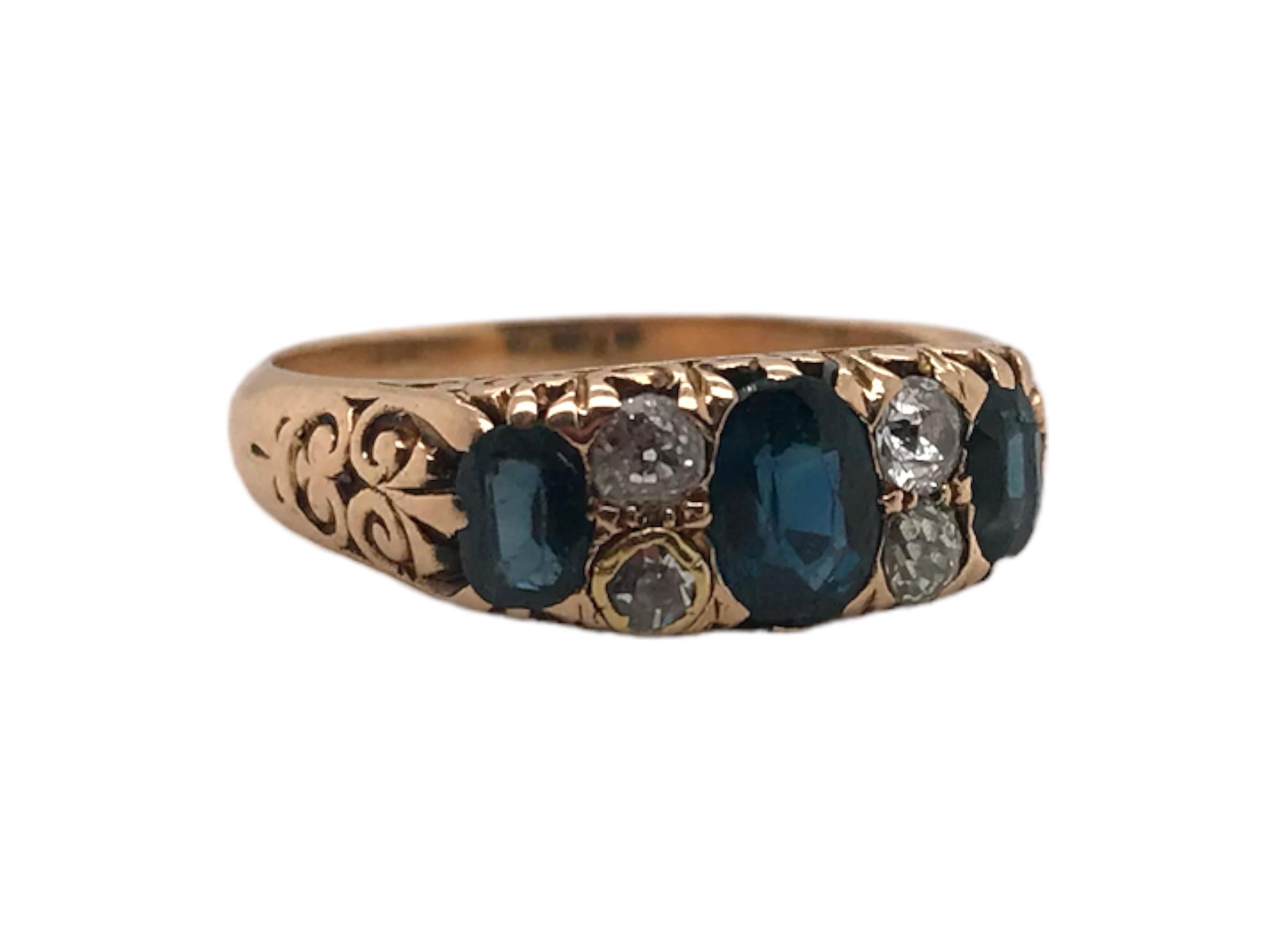 Women's Victorian Era Sapphire & Old Mine Cut Diamond Ring 14K Rose Gold For Sale
