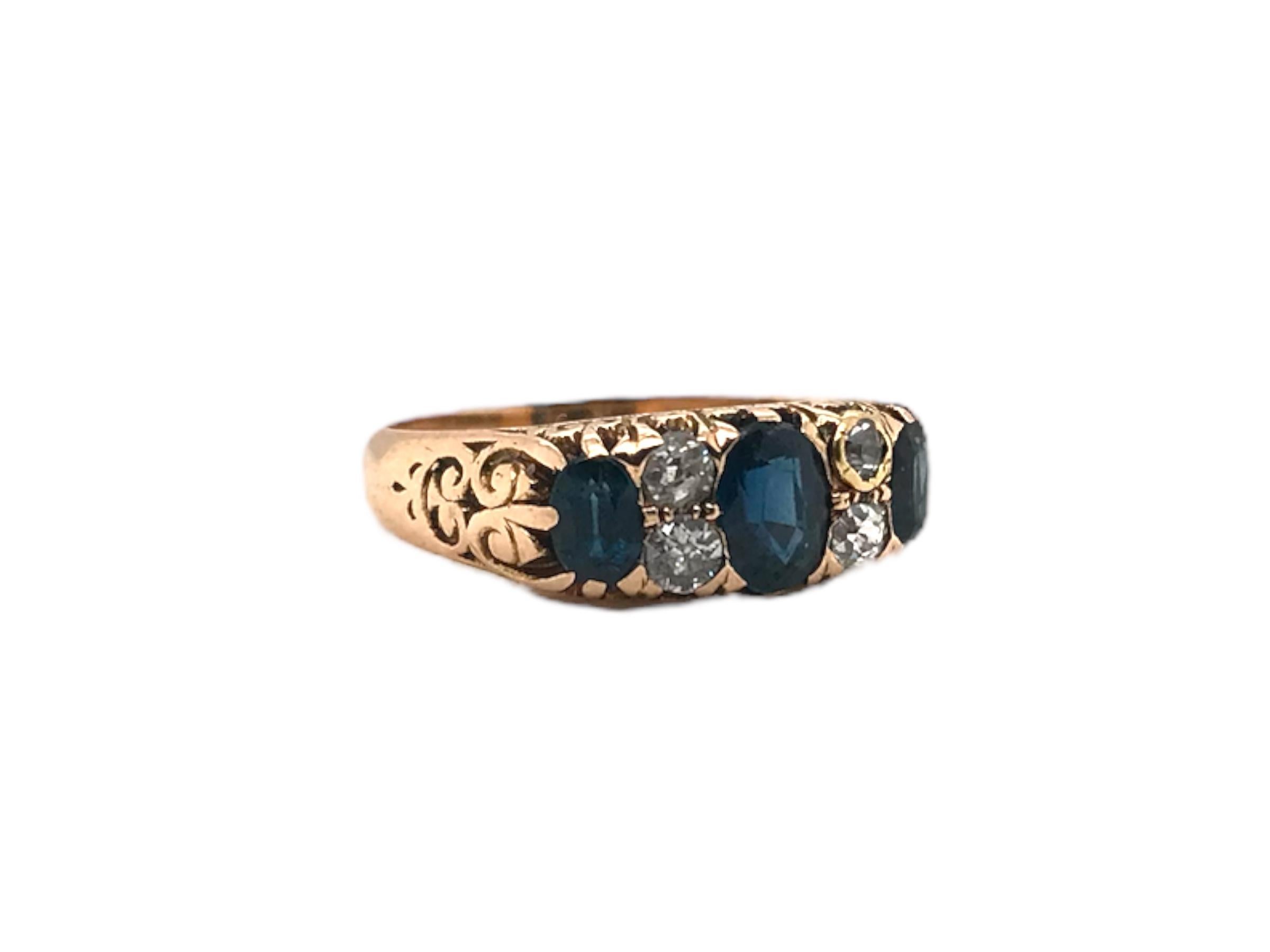 Victorian Era Sapphire & Old Mine Cut Diamond Ring 14K Rose Gold For Sale 1