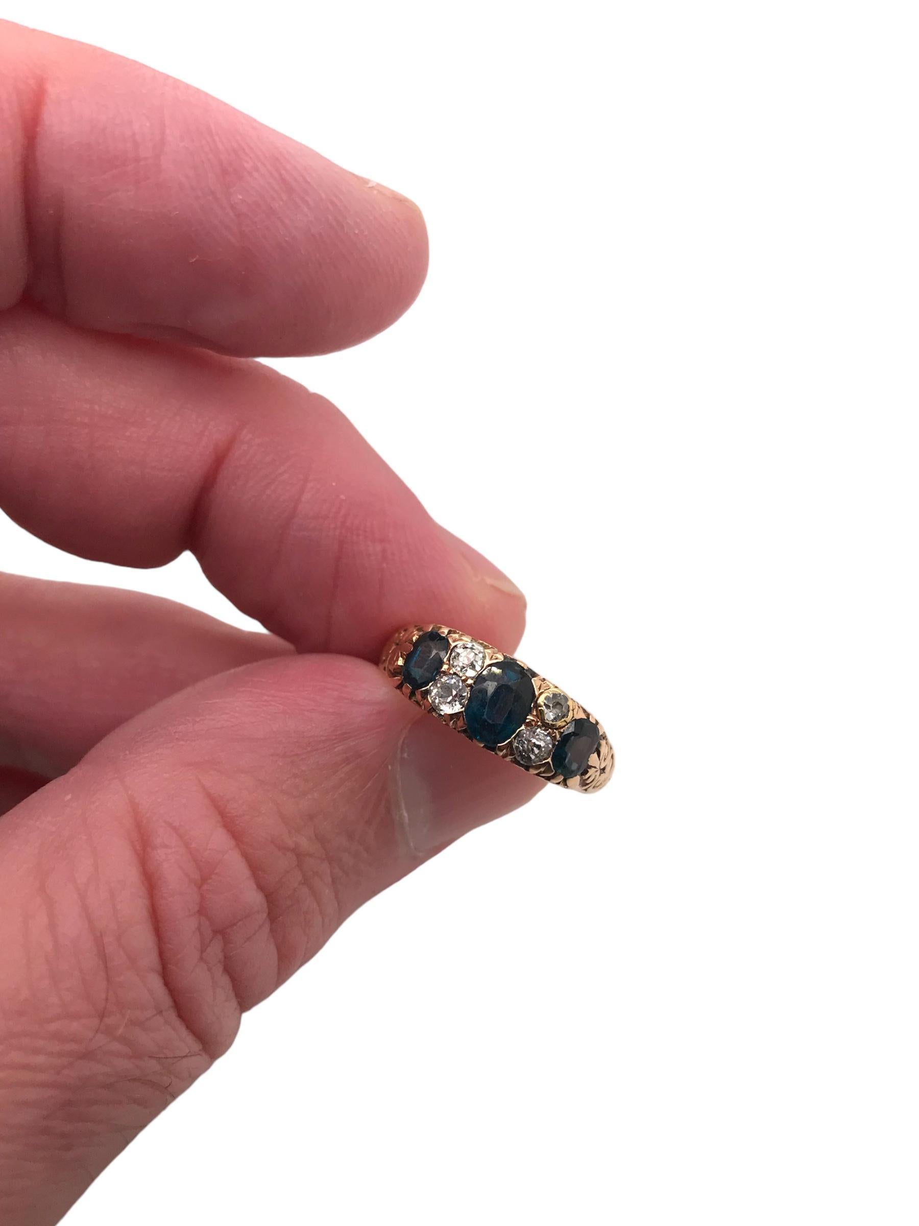 Victorian Era Sapphire & Old Mine Cut Diamond Ring 14K Rose Gold For Sale 3