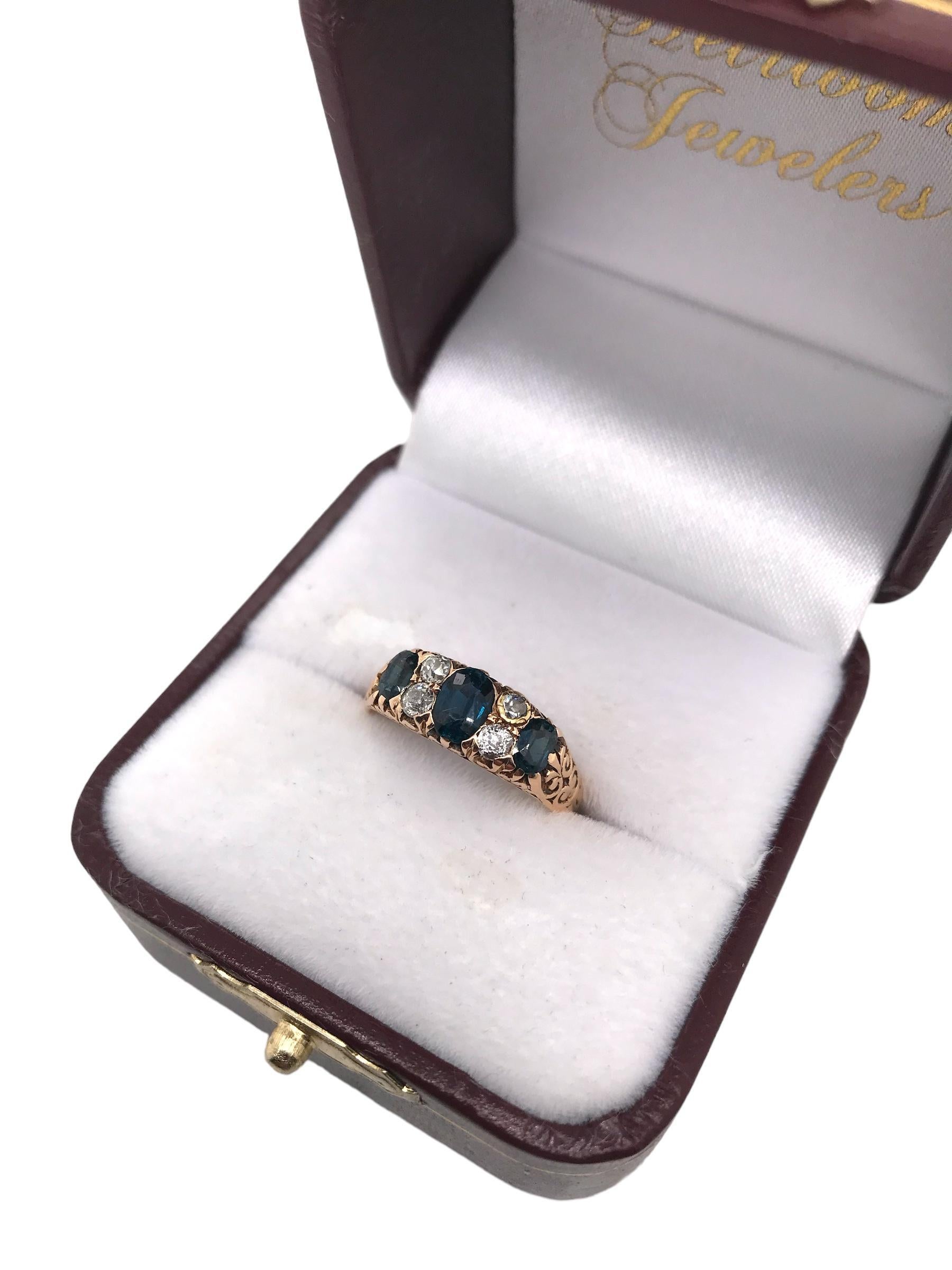Victorian Era Sapphire & Old Mine Cut Diamond Ring 14K Rose Gold For Sale 4