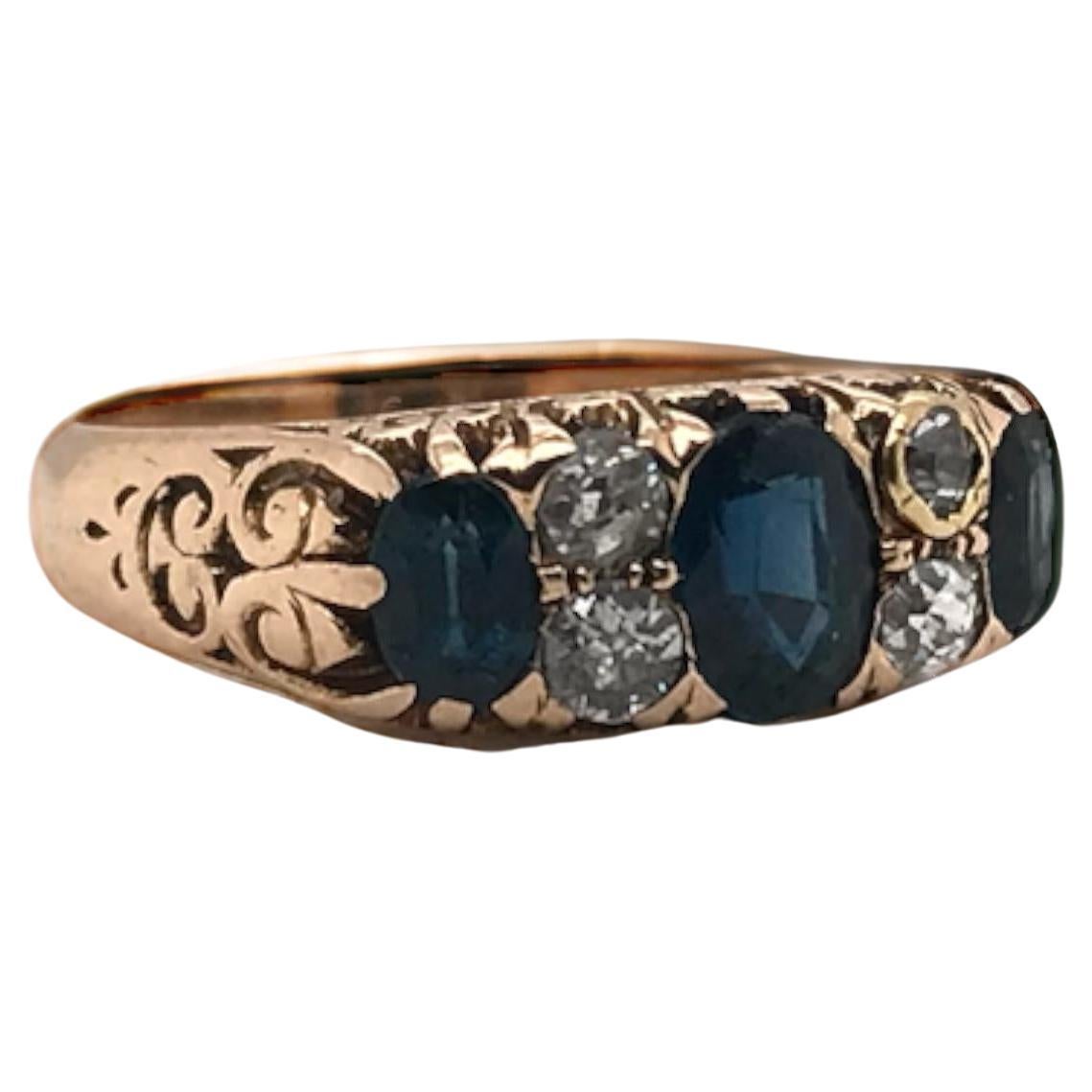 Victorian Era Sapphire & Old Mine Cut Diamond Ring 14K Rose Gold For Sale