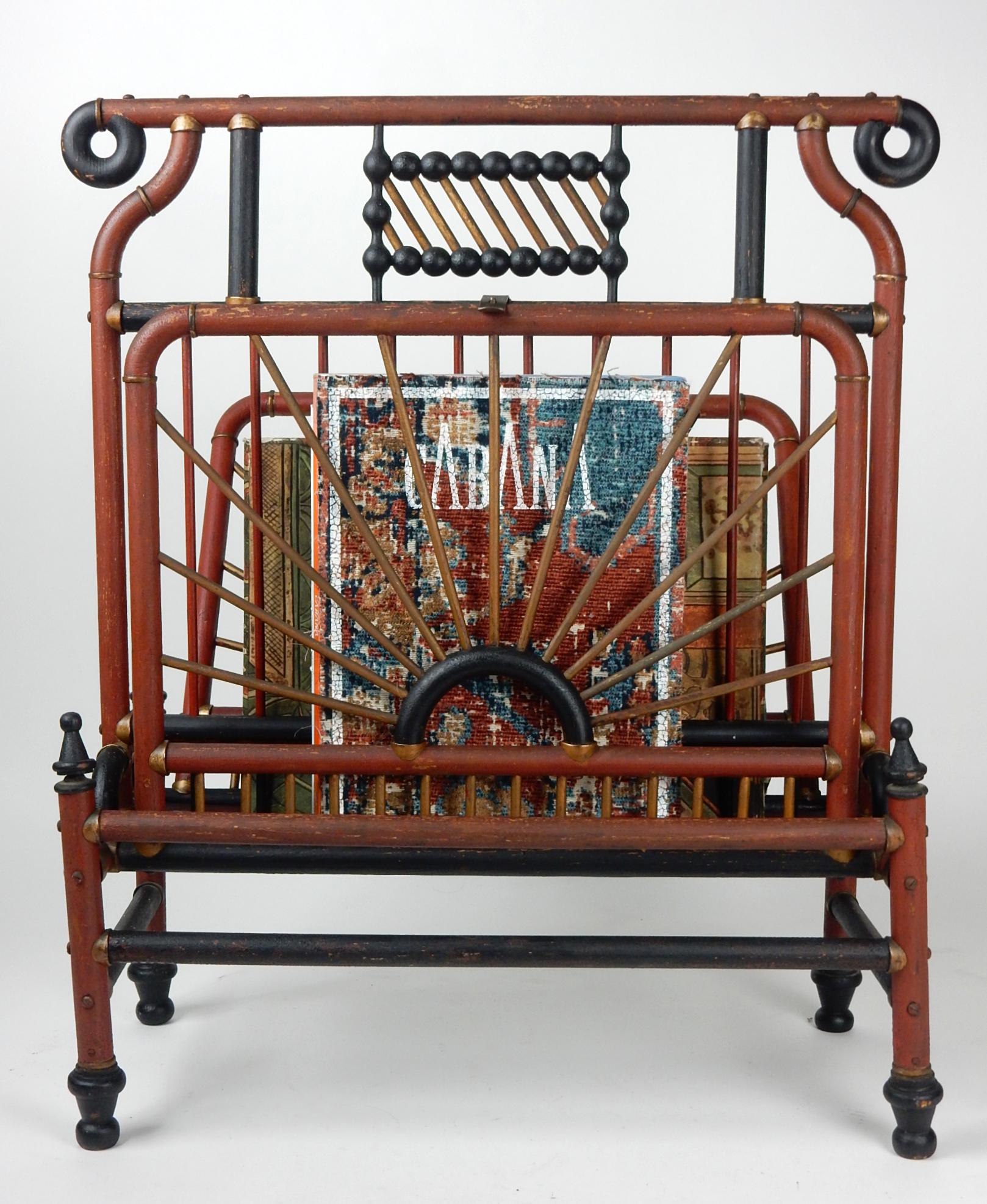 Victorian Era Sculpted & Painted Rattan Magazine Book Stand For Sale 4