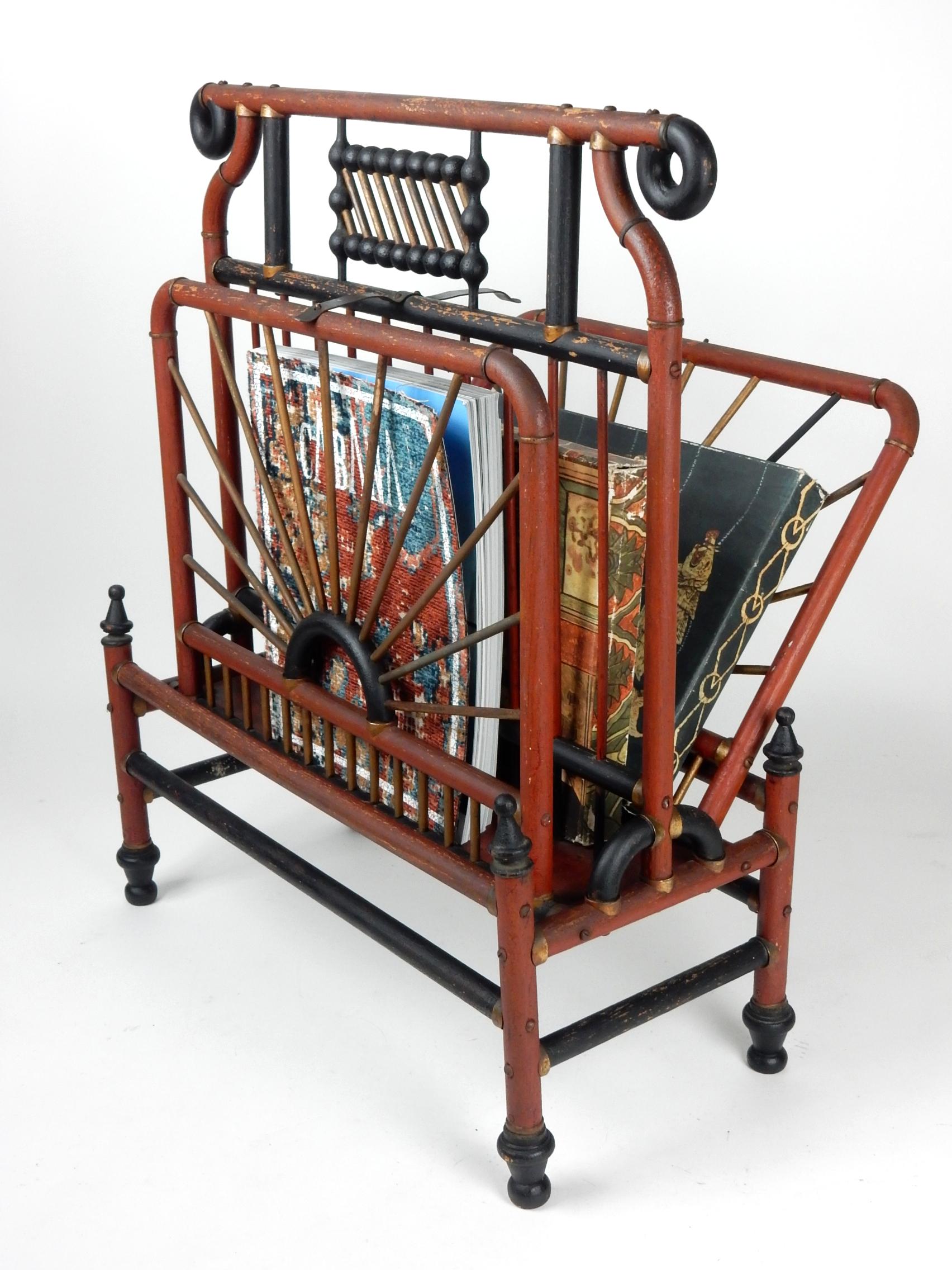 Late Victorian Victorian Era Sculpted & Painted Rattan Magazine Book Stand For Sale
