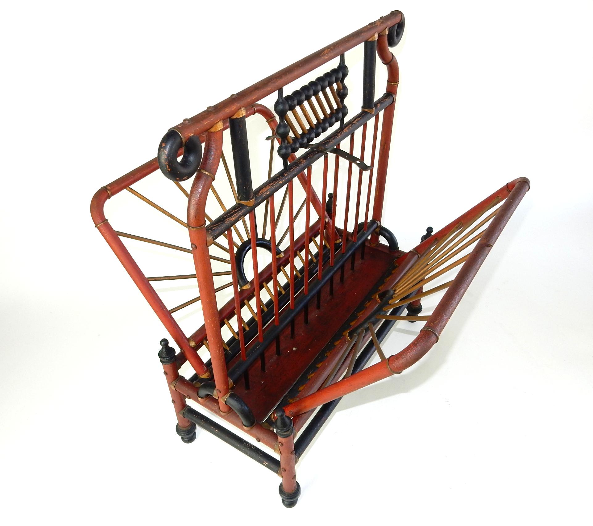 Victorian Era Sculpted & Painted Rattan Magazine Book Stand In Good Condition For Sale In Las Vegas, NV