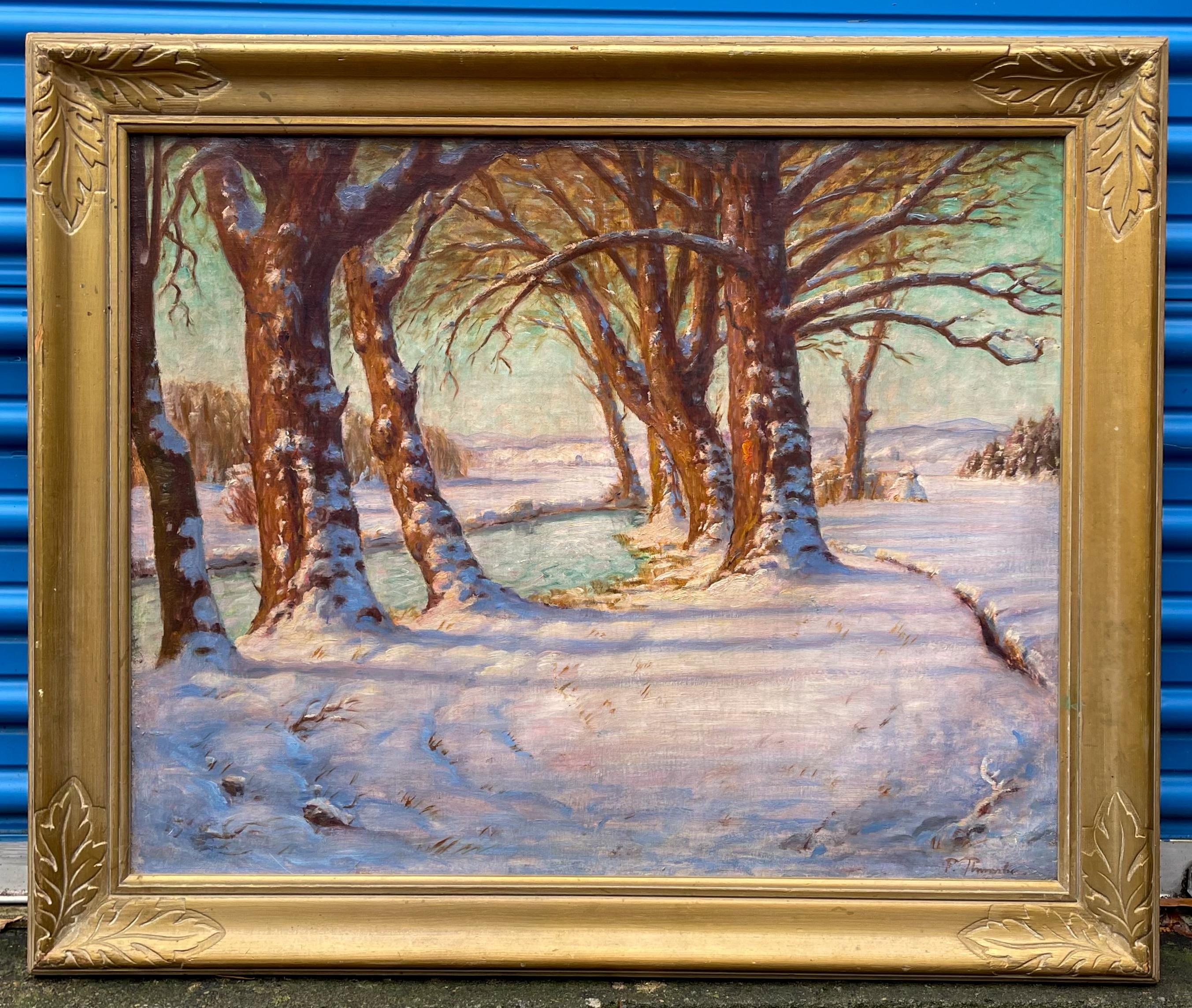 Victorian Era Signed Oil on Canvas Winter Landscape Scene in Giltwood Frame In Good Condition In Kennesaw, GA