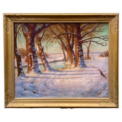 Victorian Era Signed Oil on Canvas Winter Landscape Scene in Giltwood Frame