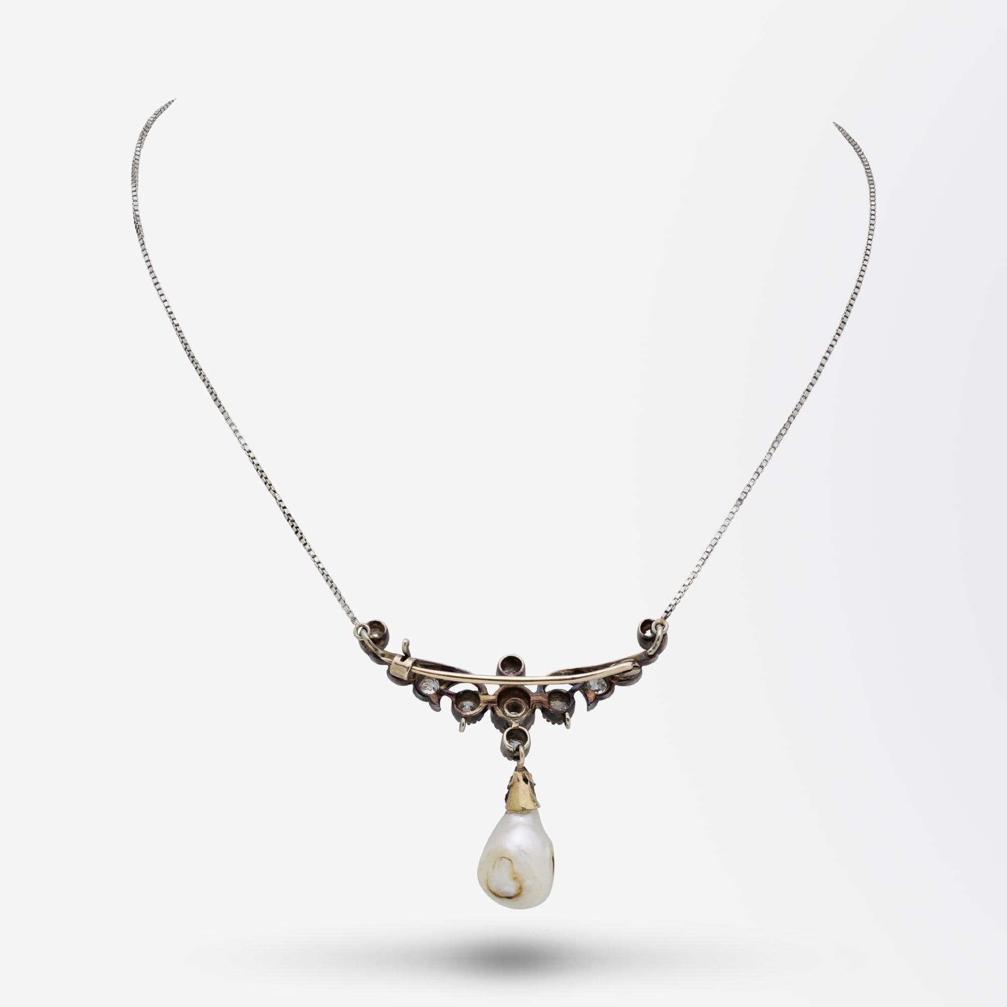Victorien Collier broche en argent, or 15 carats, perles naturelles et diamants de l'époque victorienne en vente