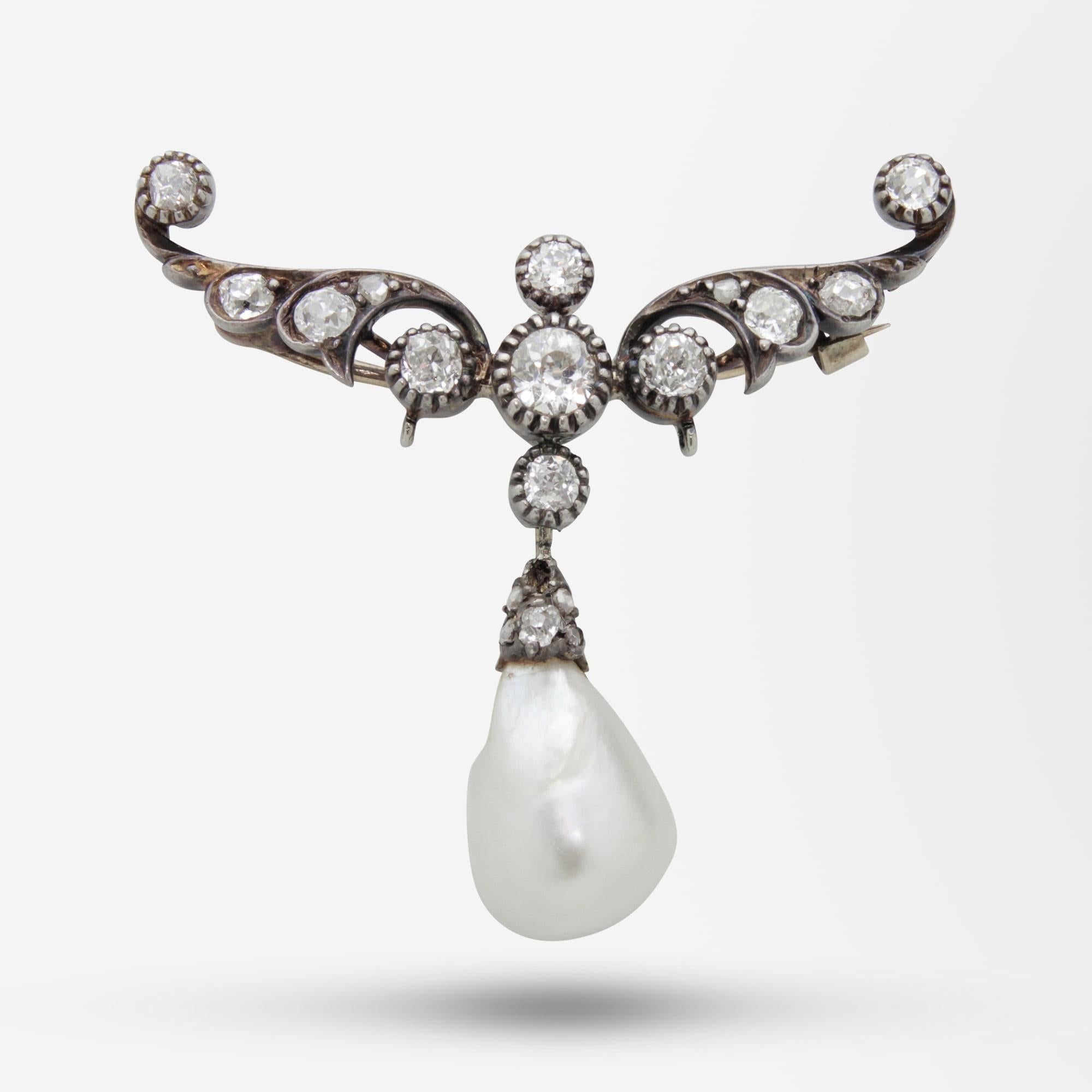 Taille vieille Europe Collier broche en argent, or 15 carats, perles naturelles et diamants de l'époque victorienne en vente