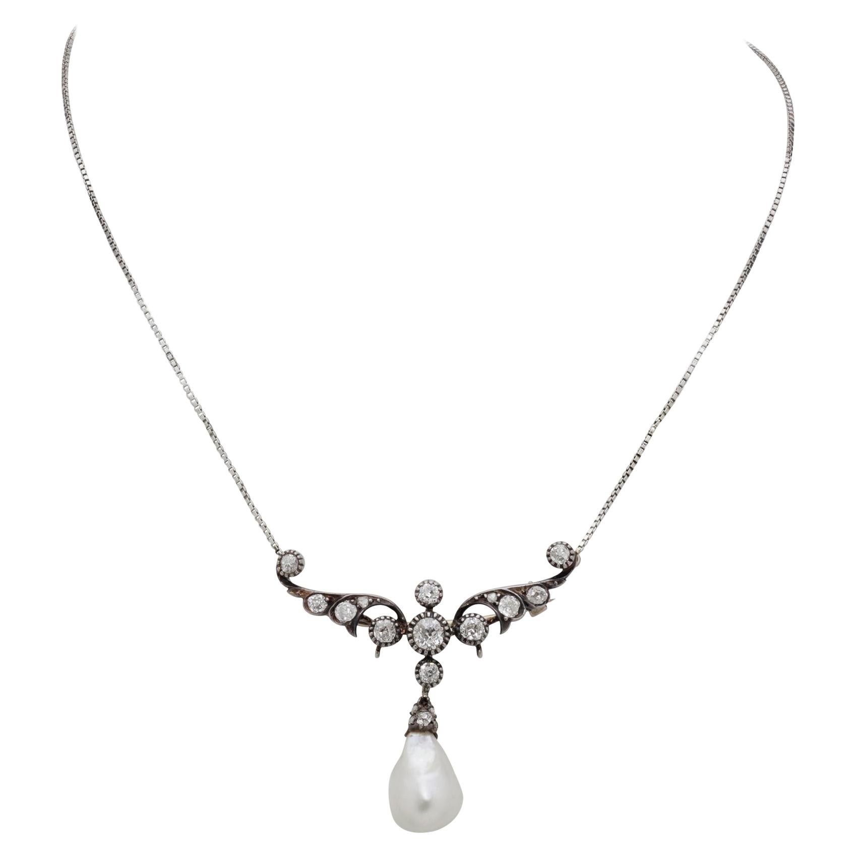 Victorian Era, Silver, 15 Karat Gold, Natural Pearl, and Diamond Brooch Necklace