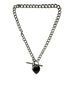 Victorian Era Sterling Silver and Banded Agate Heart Padlock Necklace, 1880