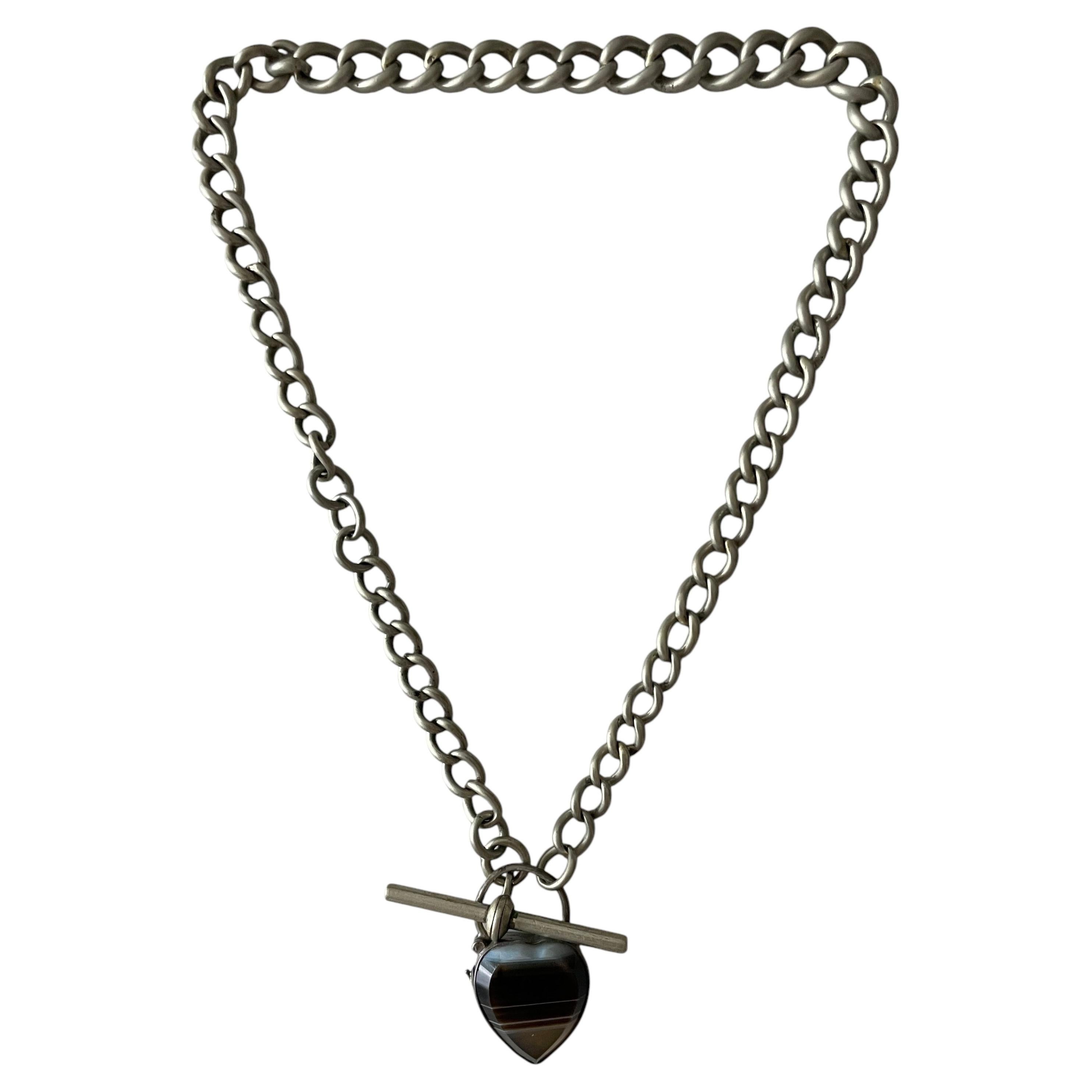 Victorian Era Sterling Silver and Banded Agate Heart Padlock Necklace, 1880
