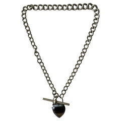 Victorian Era Sterling Silver and Banded Agate Heart Padlock Necklace, 1880