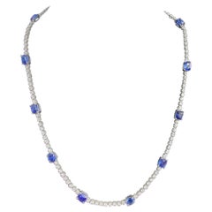 Victorian Era Style 8.76 Carat Blue Sapphire Studded Necklace in 18k White Gold