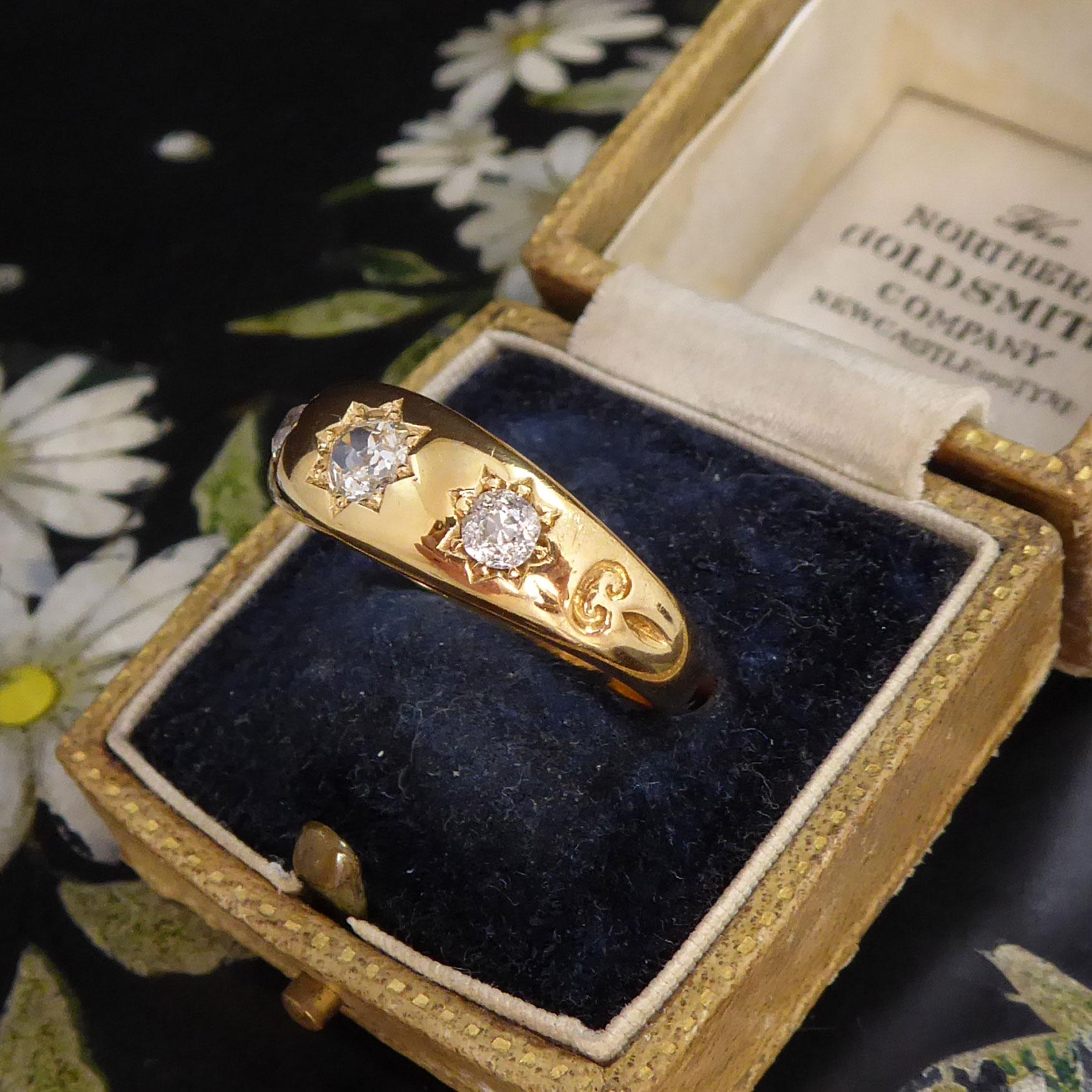 Men's Antique Victorian Three Stone Diamond Ring in 18ct Yellow Gold, Circa 1899