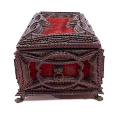 Victorian Era Tramp Art Chip Carved Trunk/ Box with Additional Glove Box