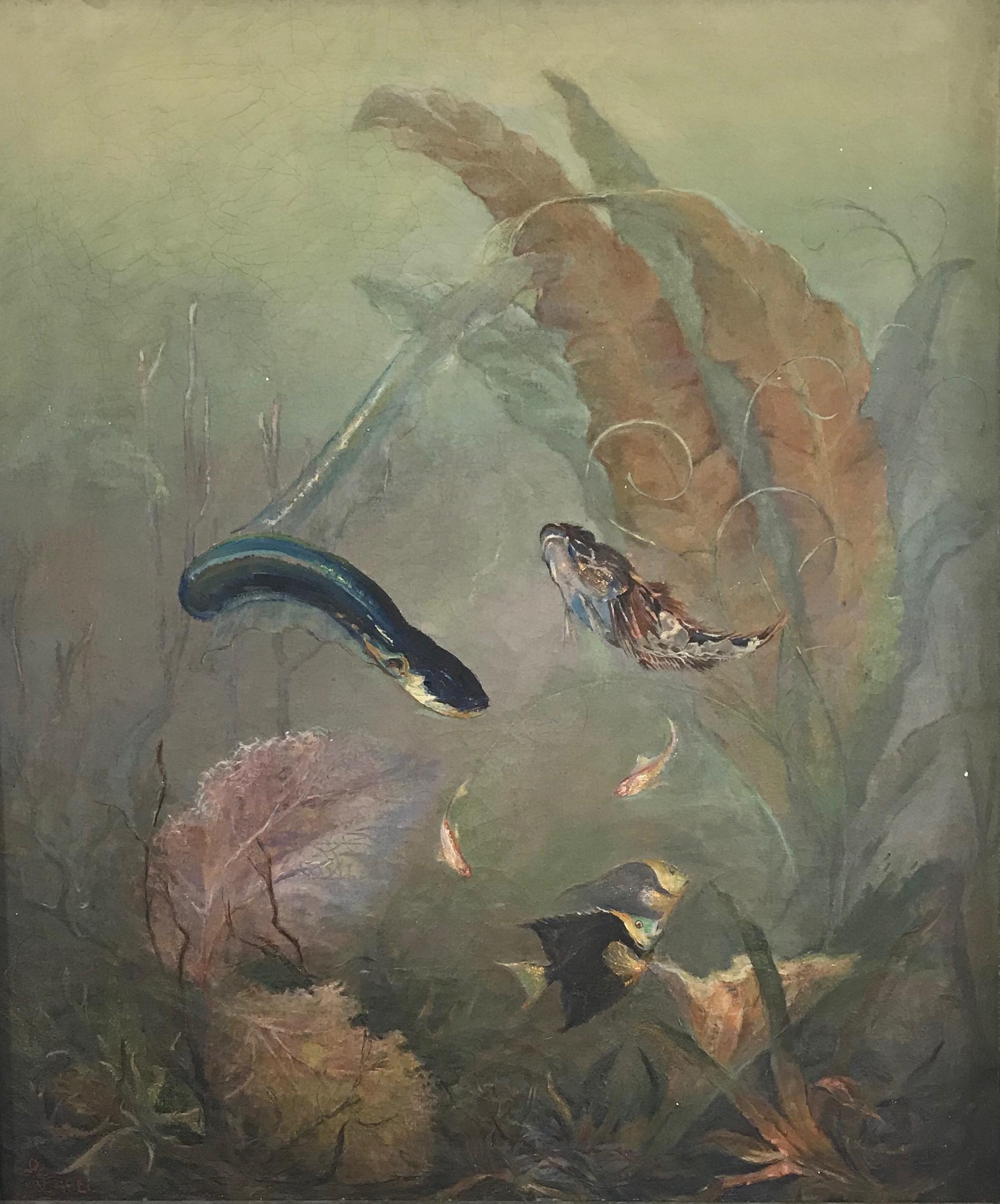 This is a beautifully painted Victorian era underwater seascape oil on canvas in its original gold painted frame signed 