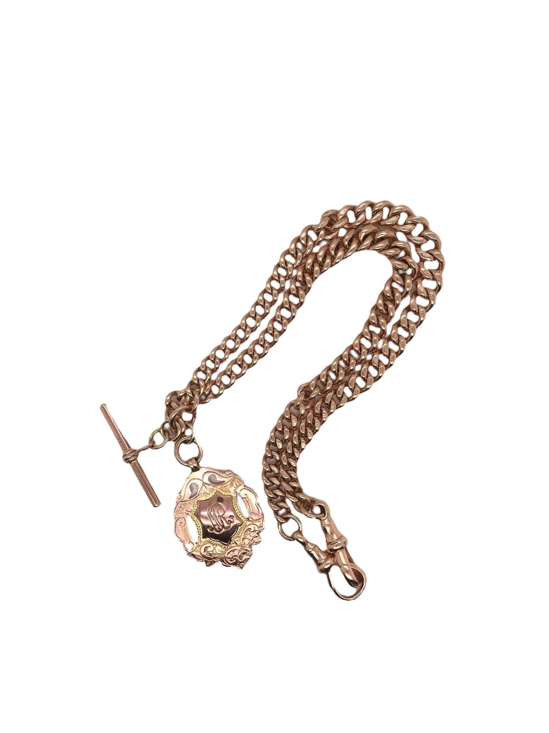 Victorian Era Watch Chain Toggle Necklace 9K Rose Gold In Excellent Condition For Sale In Montgomery, AL