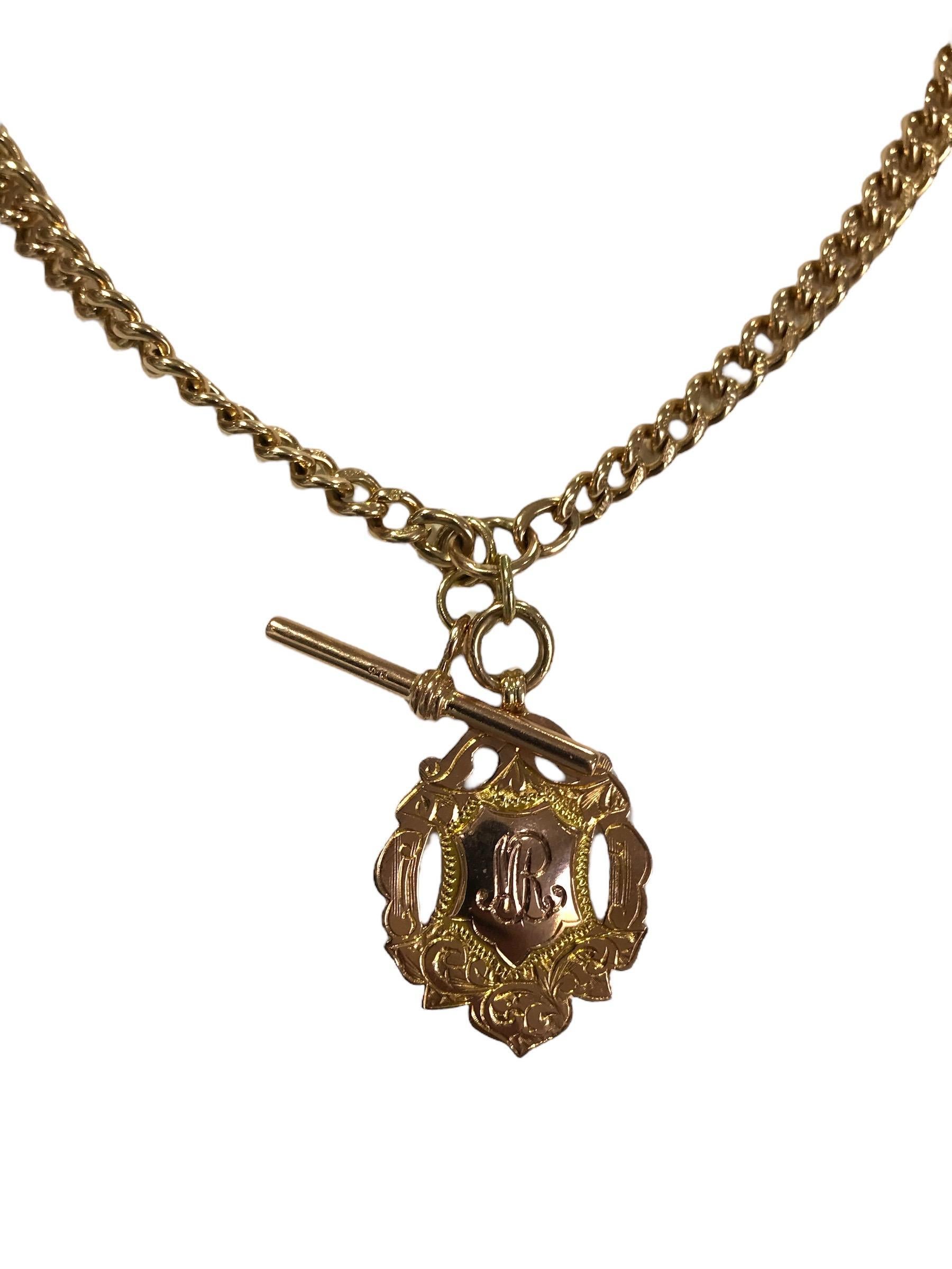Victorian Era Watch Chain Toggle Necklace 9K Rose Gold For Sale 3
