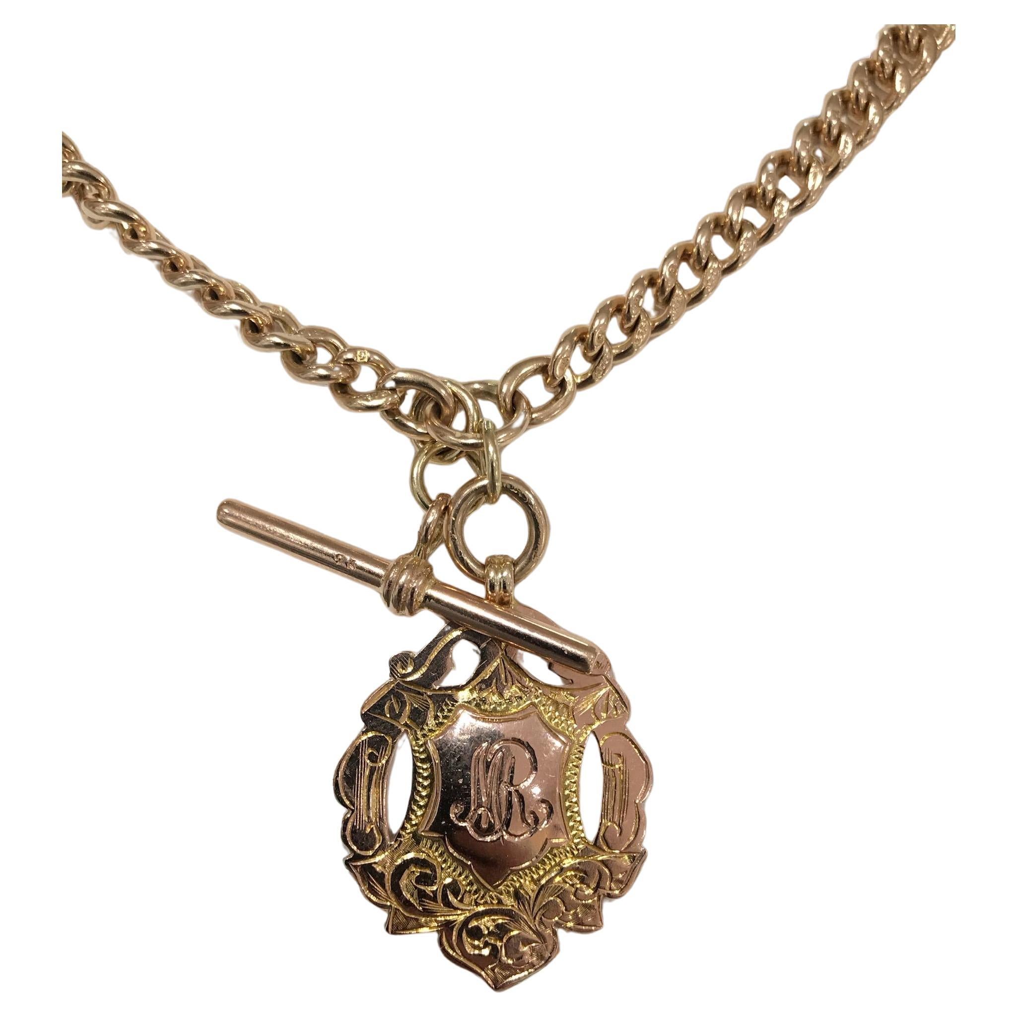 Victorian Era Watch Chain Toggle Necklace 9K Rose Gold For Sale