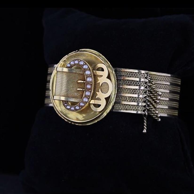 Round Cut Victorian Era Yellow Gold Buckle Bracelet with Seed Pearl Accents