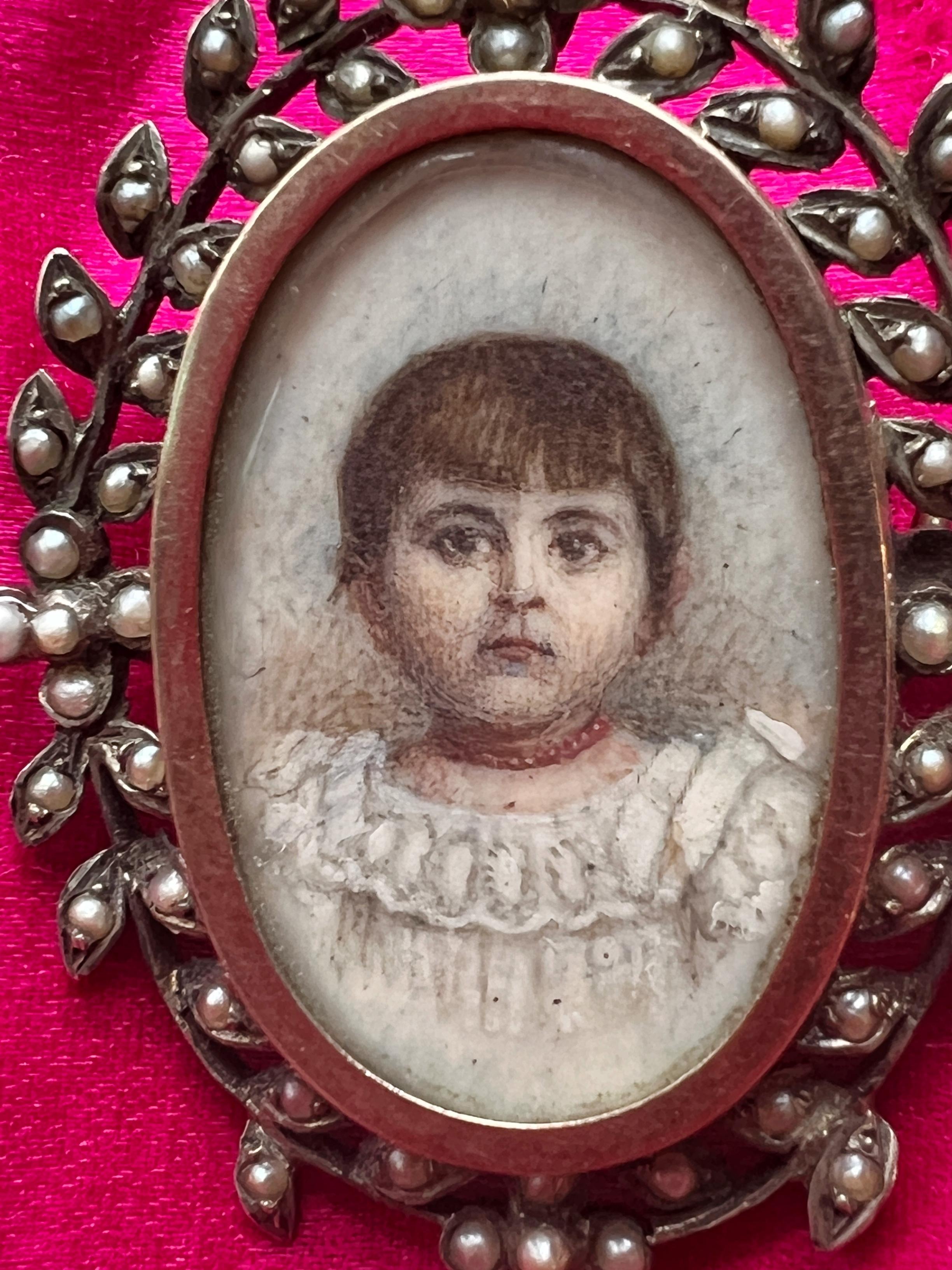 Bead Victorian era young girl with coral necklace miniature portrait brooch