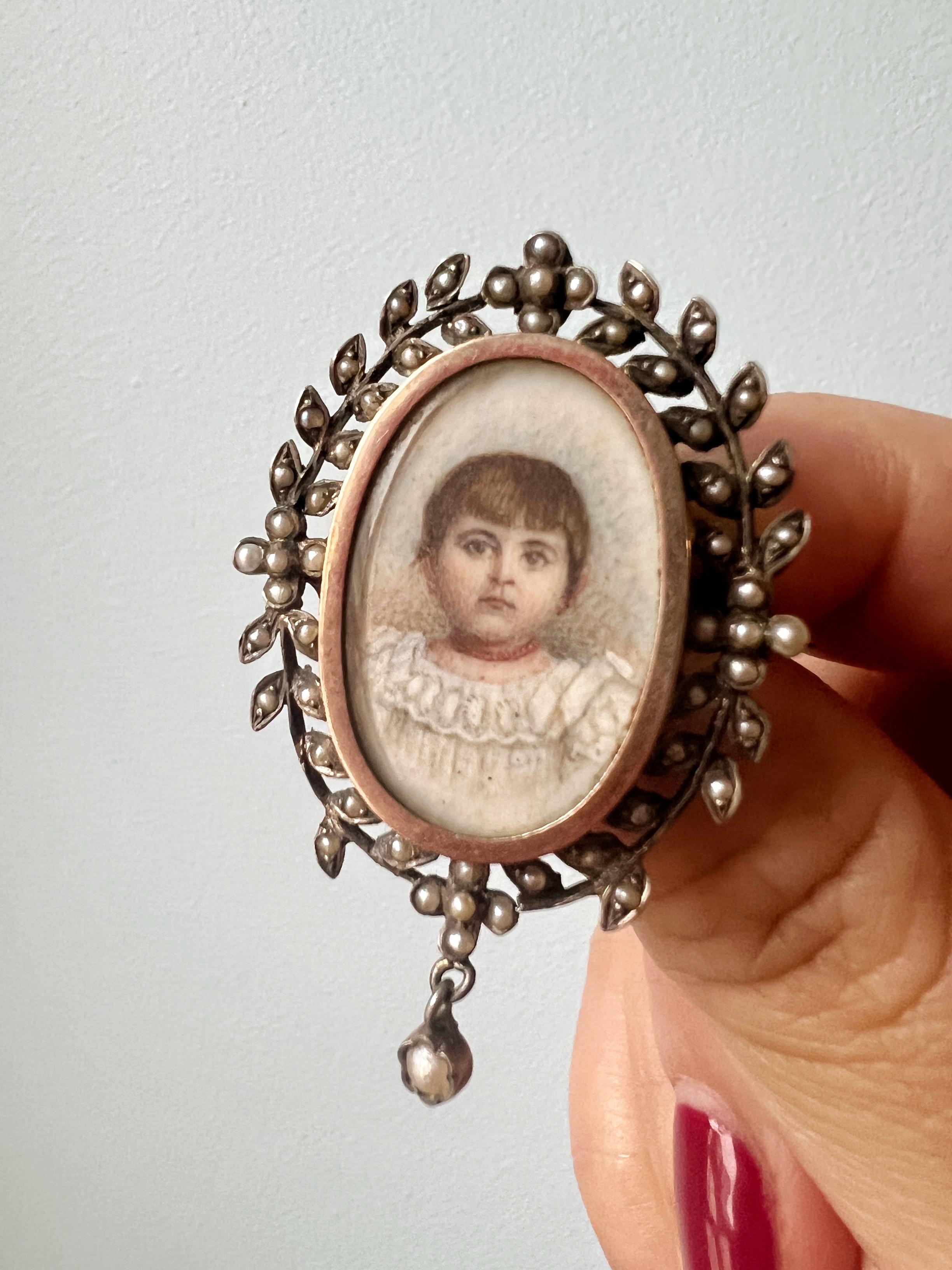 Women's or Men's Victorian era young girl with coral necklace miniature portrait brooch