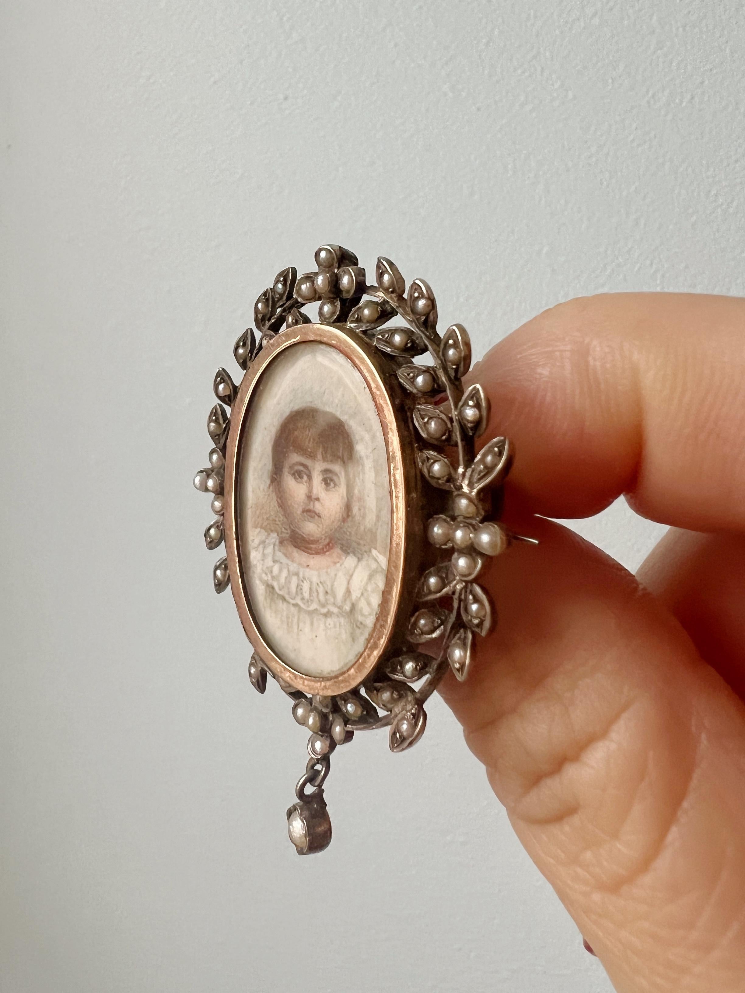 Victorian era young girl with coral necklace miniature portrait brooch 1