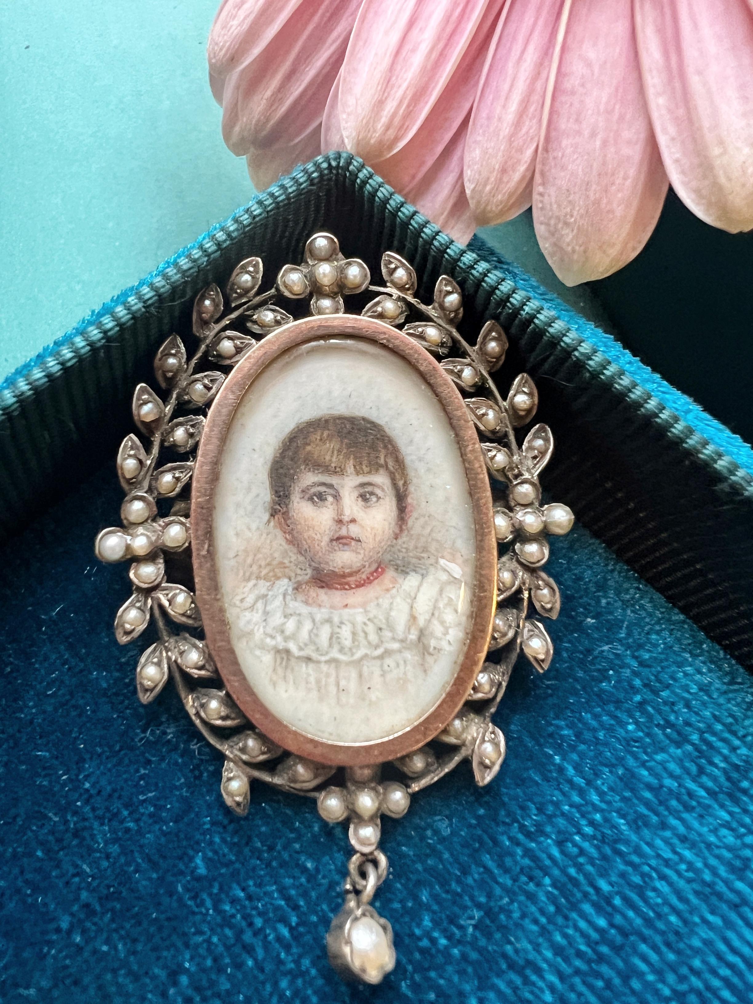 Victorian era young girl with coral necklace miniature portrait brooch 3