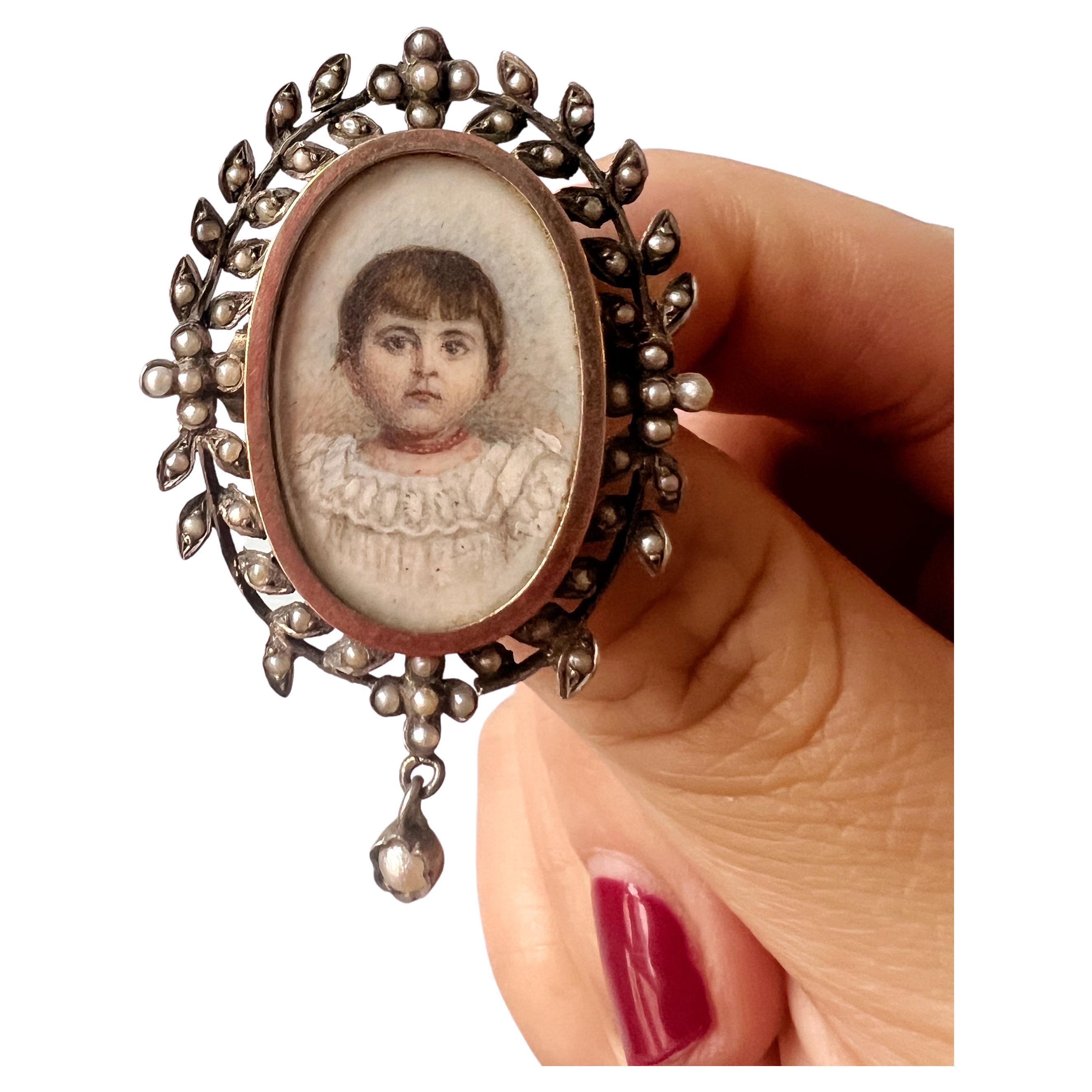 Victorian era young girl with coral necklace miniature portrait brooch