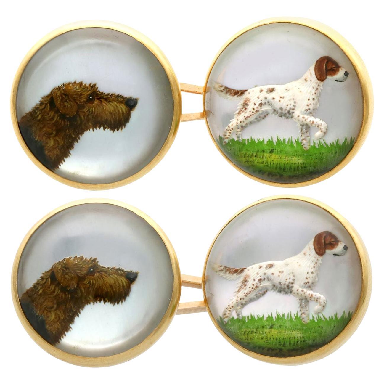 Gemelos de perro victorianos de cristal de Essex y oro amarillo de 18k