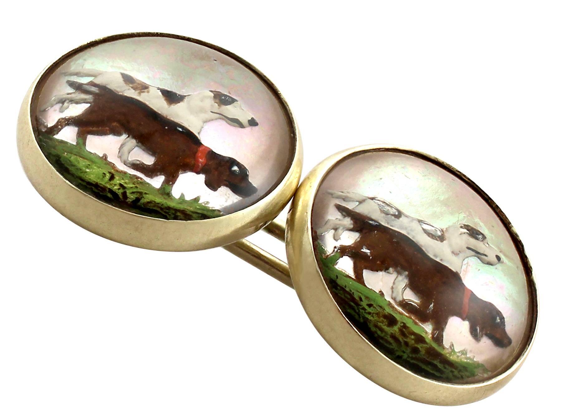 Cabochon Victorian Essex Crystal and Yellow Gold Dog Cufflinks