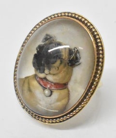 Victorian Essex Crystal Intaglio Reverse Painted Pug Ring 10K