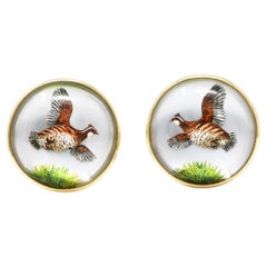 Victorian Essex Crystal Mother Pearl 14 Karat Yellow Gold Quail Bird Cufflinks