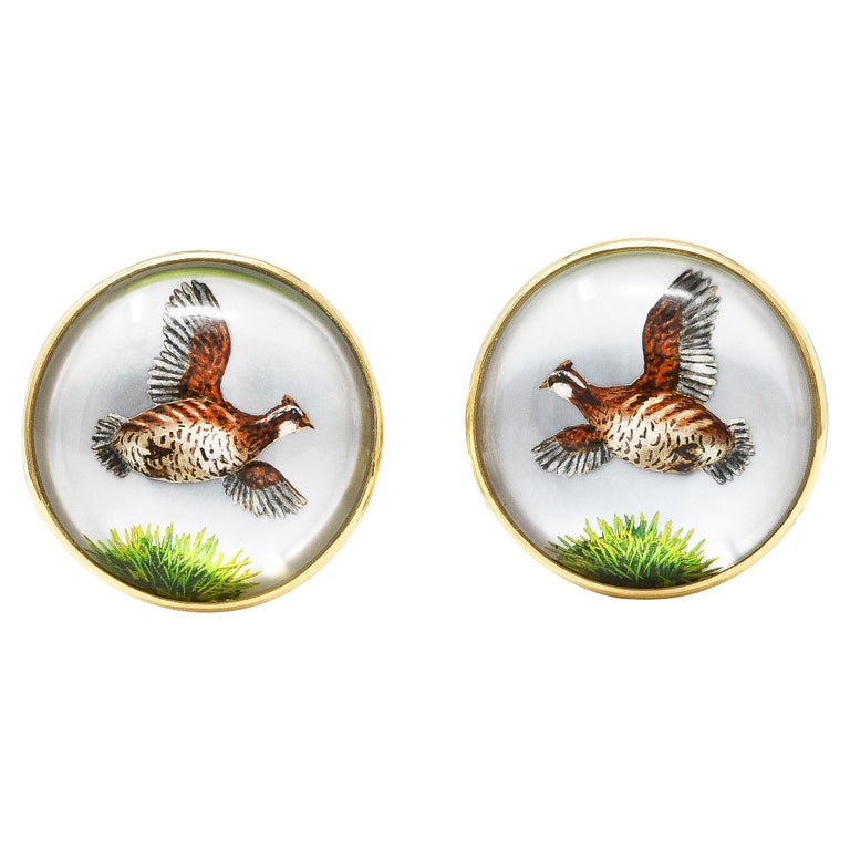 Victorian Essex Crystal Mother Pearl 14 Karat Yellow Gold Quail Bird