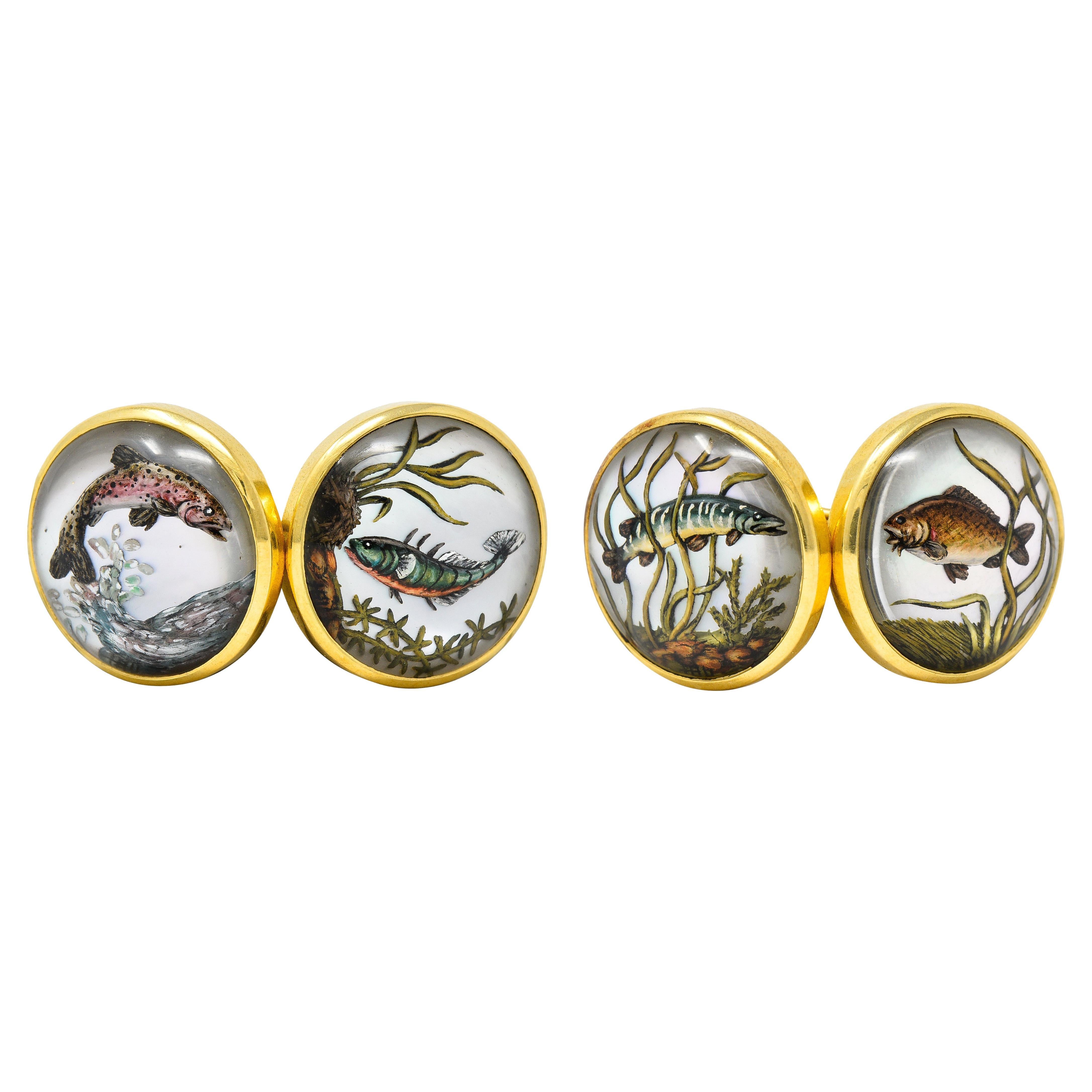 Boutons de manchette Victorien Essex Crystal Quartz 18 Karat Yellow Gold Fish Antique en vente