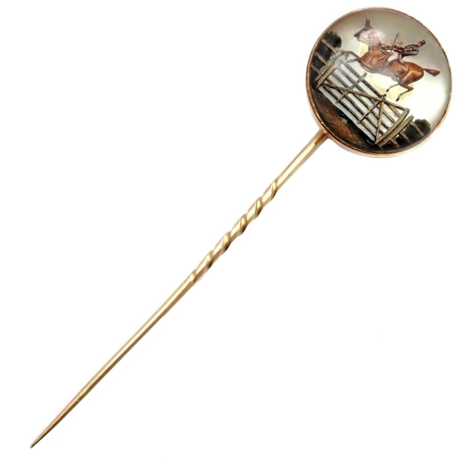 Victorian Essex Crystal Reverse Intaglio Horse Yellow Gold Stick Pin at