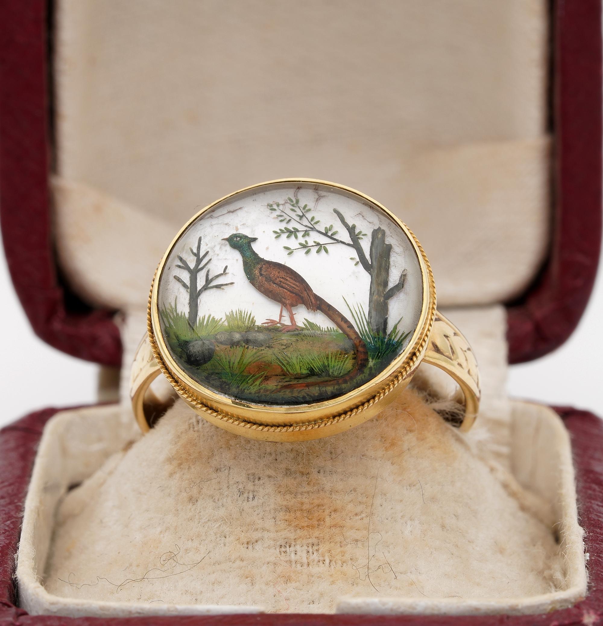 Past Sights
Beautiful example of Victorian period Essex Crystal reverse intaglio ring depicting birds into natural scene like a window on Eden garden, beautiful carving highly detailed and painted, artistic past technique giving the subject trompe