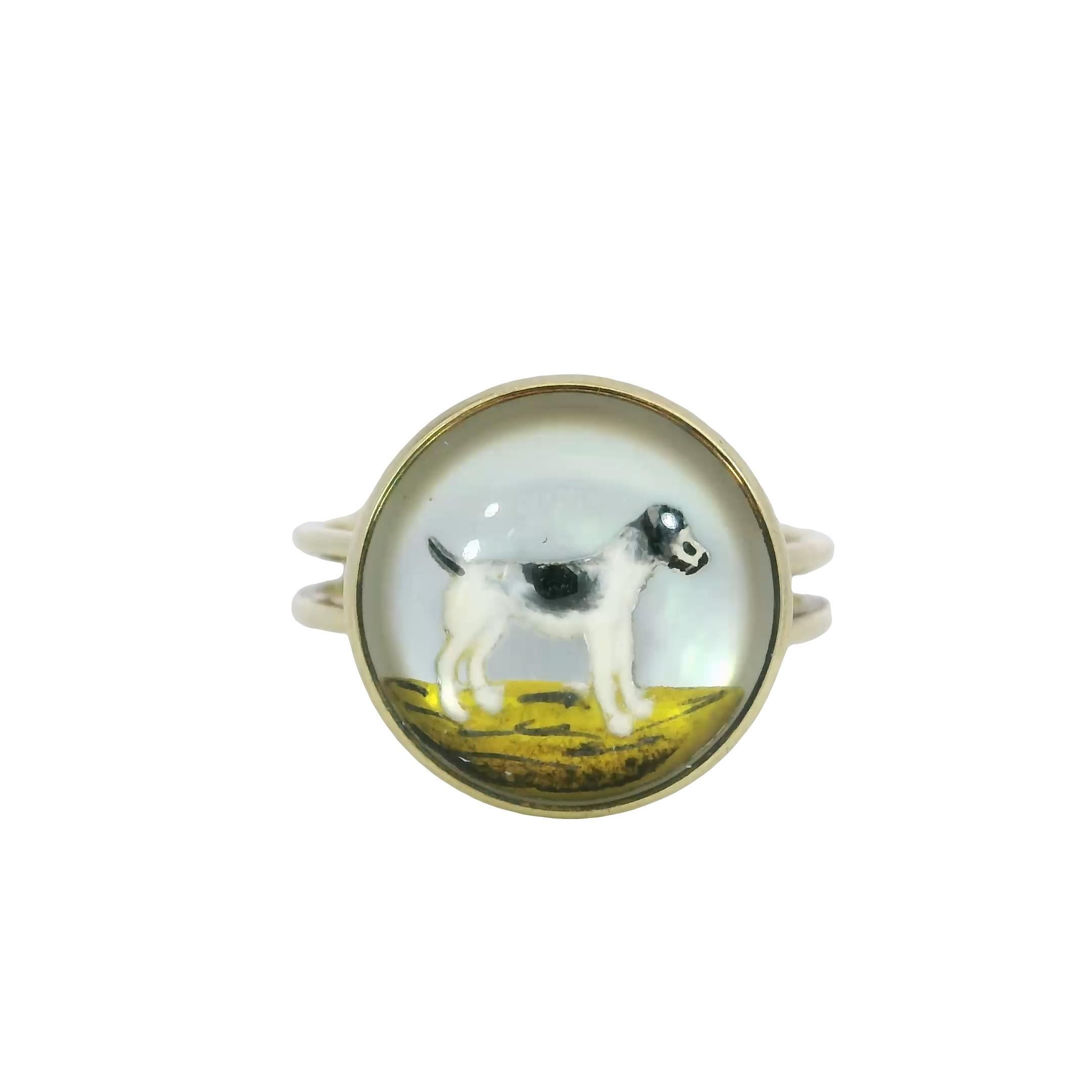 Anello vittoriano di cristallo Essex con cane terrier dipinto al contrario, oro giallo 14 carati, misura 6 in vendita 5
