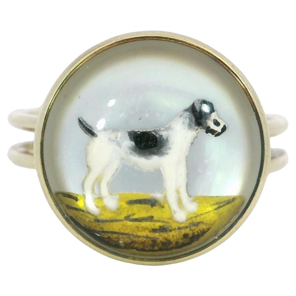 Anello vittoriano di cristallo Essex con cane terrier dipinto al contrario, oro giallo 14 carati, misura 6