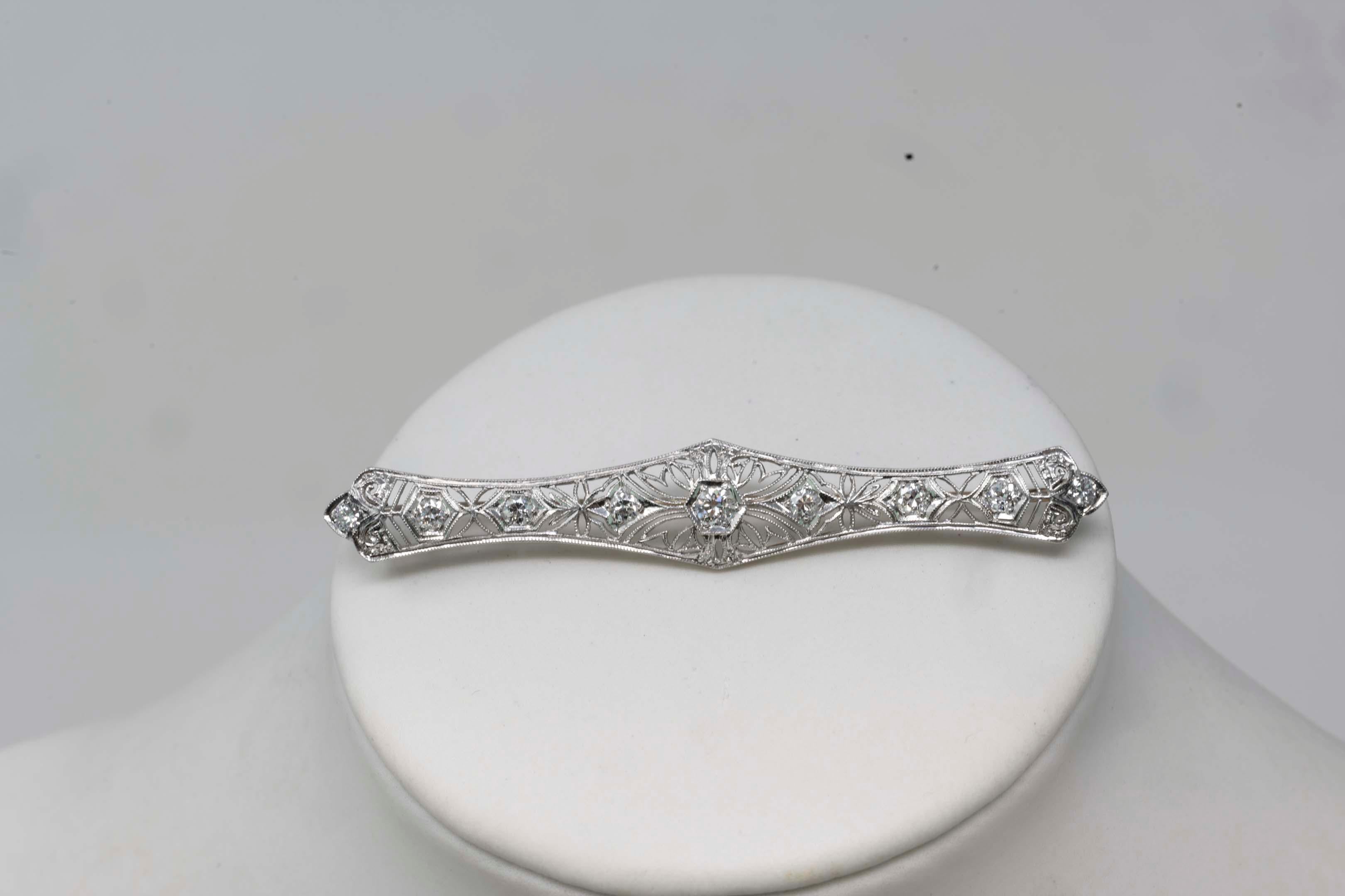 Round Cut Victorian Estate 14k White Gold Diamond Brooch For Sale